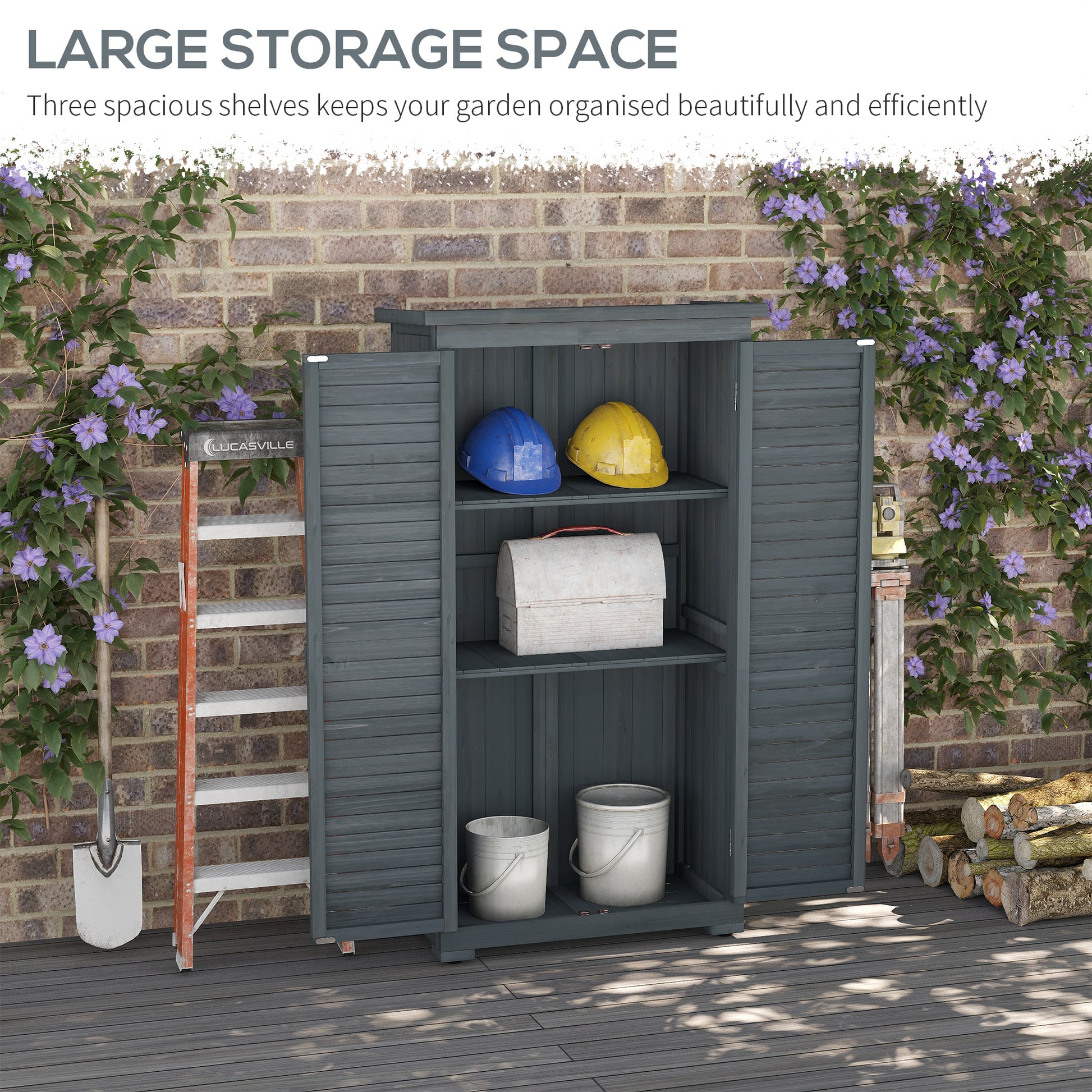Outdoor Garden Shed, Wooden Tool Storage Shed, 3-Tier Shelves, Asphalt Roof, Shutter Doors, 34.3" x 18.3" x 63", Grey