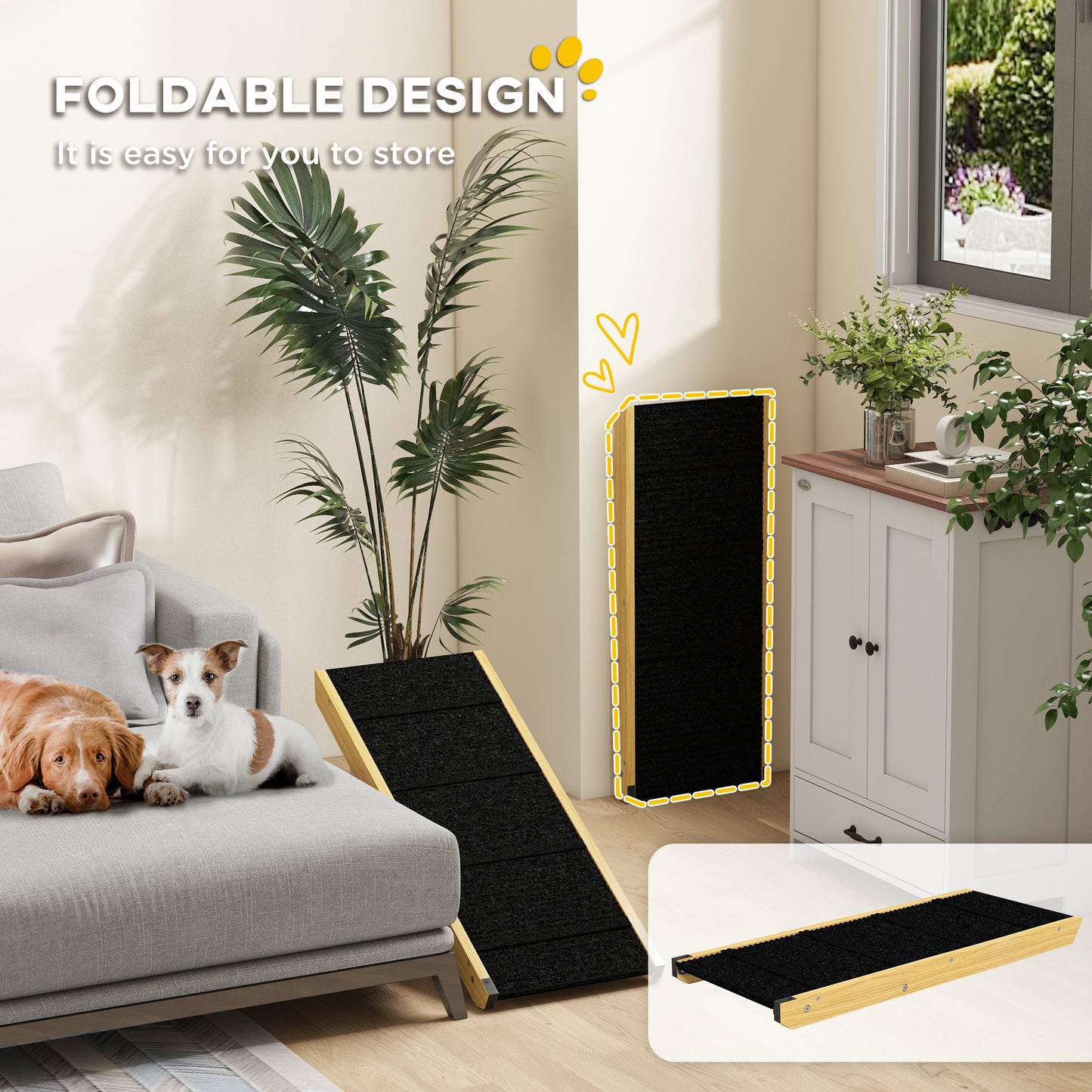 33" Foldable Dog Ramp with 4-Level Adjustable Height for Bed, Couch, for Small and Medium Dogs, Natural Wood