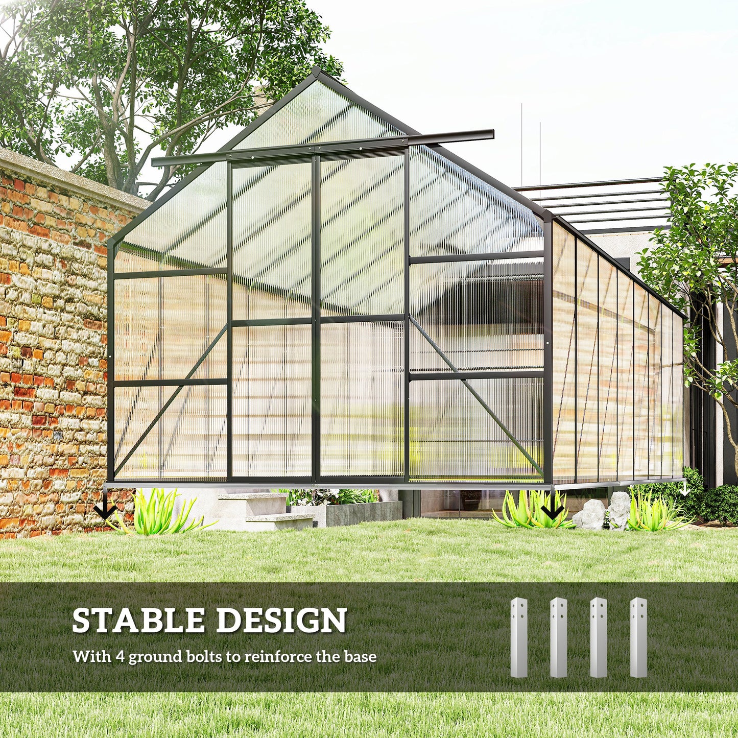 Aluminum Greenhouse Polycarbonate Walk-in Garden Greenhouse Kit with Rain Gutter and Sliding Door, 16' x 8', Dark Grey