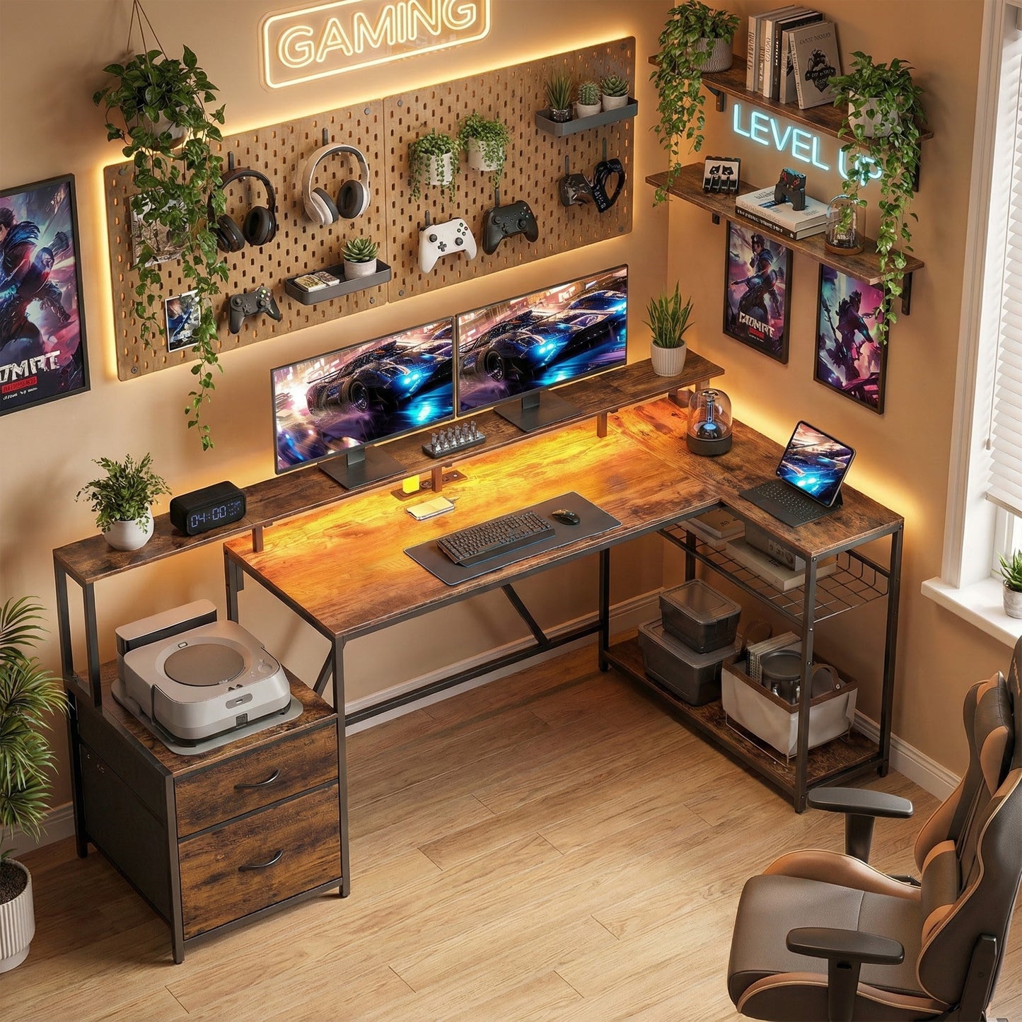 76" Gaming Desk, Computer Table with RGB Lights, USB Ports, Monitor Stand and 2 Fabric Drawers, Rustic Brown