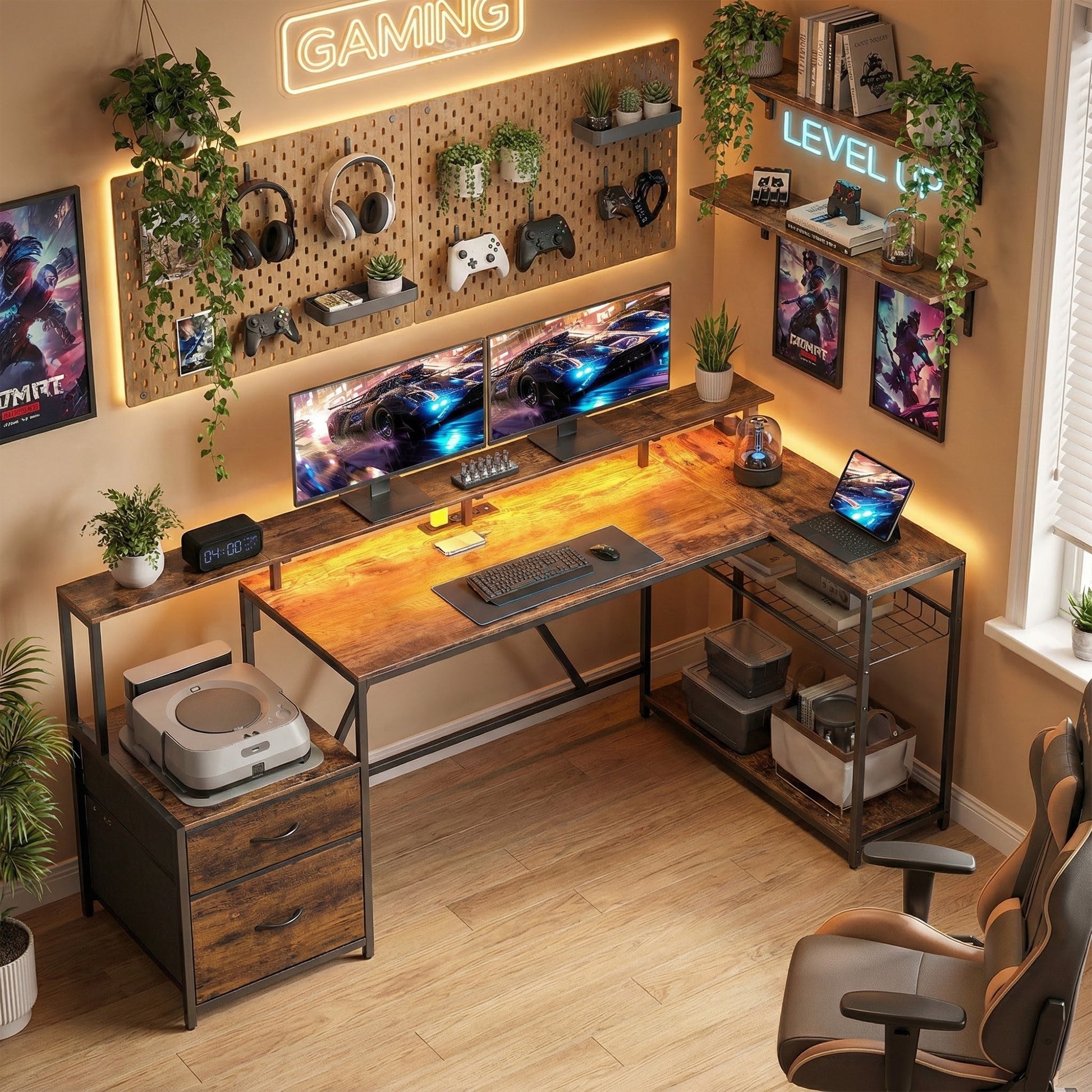 76" Gaming Desk, Computer Table with RGB Lights, USB Ports, Monitor Stand and 2 Fabric Drawers, Rustic Brown