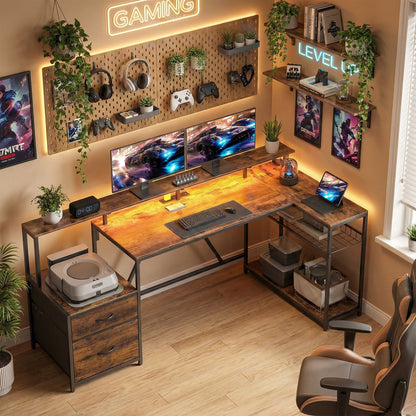 76" Gaming Desk, Computer Table with RGB Lights, USB Ports, Monitor Stand and 2 Fabric Drawers, Rustic Brown