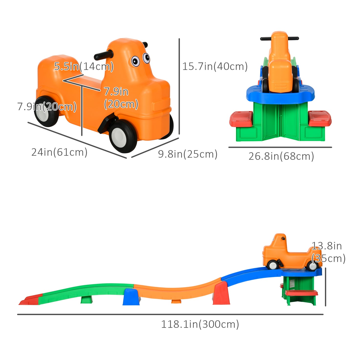 Qaba 9.8 ft Up and Down Roller Coaster for Kids, Thrill 4 Pieces Toddler Roller Coaster Ride on Toy with Side Steps, Sliding Car with Handles, for 2-5 Years Old