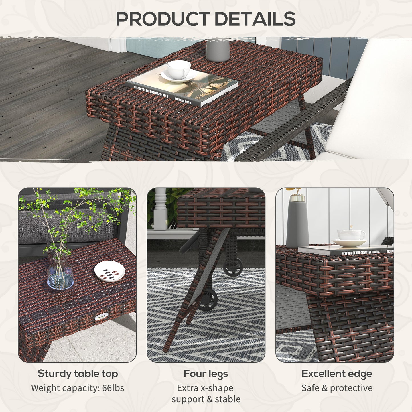 Outdoor Rattan Foldable End Table, Metal Frame Patio Wicker Table, Coffee Table Side Table for Poolside, Lawn, Garden, Brown