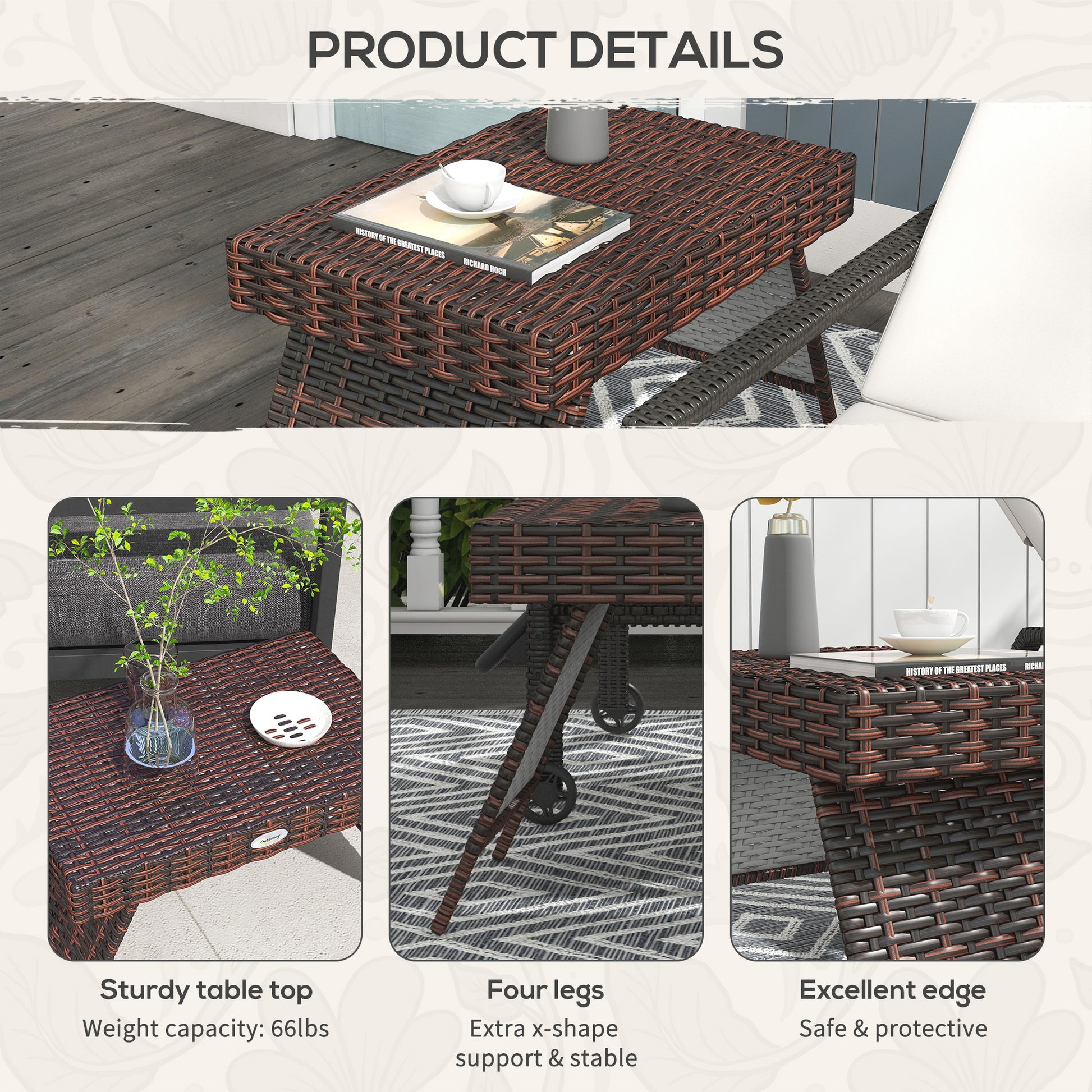 Outdoor Rattan Foldable End Table, Metal Frame Patio Wicker Table, Coffee Table Side Table for Poolside, Lawn, Garden, Brown