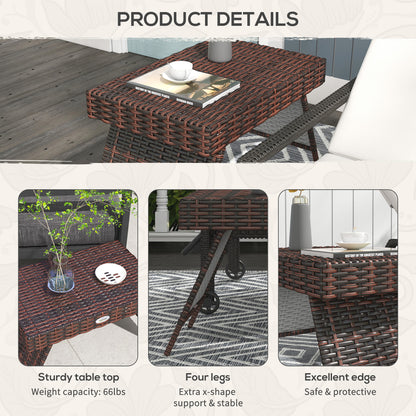 Outdoor Rattan Foldable End Table, Metal Frame Patio Wicker Table, Coffee Table Side Table for Poolside, Lawn, Garden, Brown
