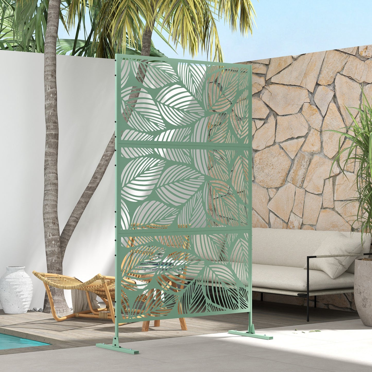 6.5FT Decorative Outdoor Divider, Metal Privacy Screen with Stand, Leaf Style, Light Green
