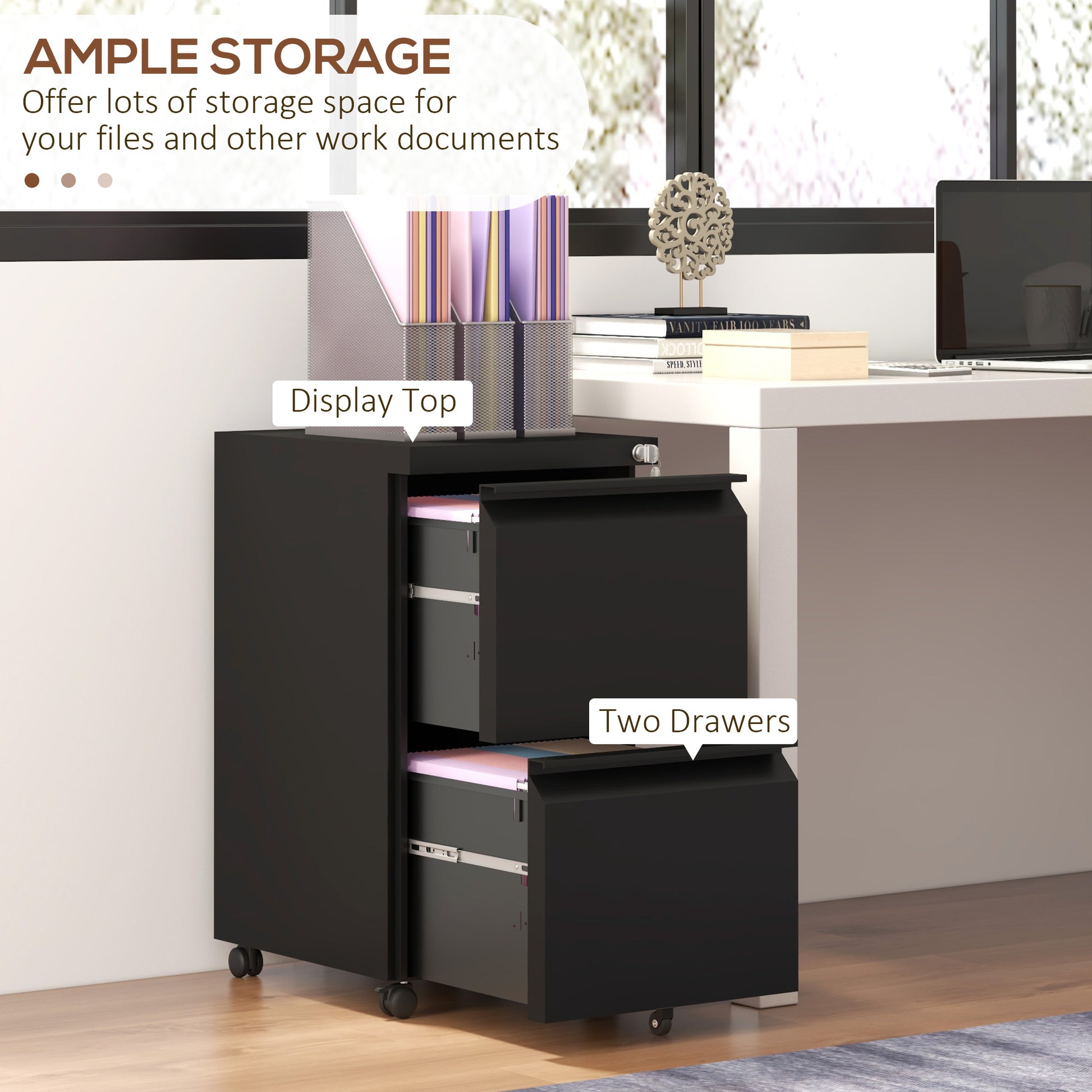 Mobile Vertical Filing Cabinet with Lock, 2-Drawer Steel File Cabinet with Adjustable Hanging Bar for Letter, A4 and Legal Size, Black