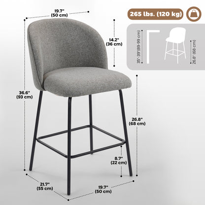 Set of 2 Counter Height Barstools, Upholstered Linen Bar Stools with Backrest, Footrest and Steel Legs, Dark Grey