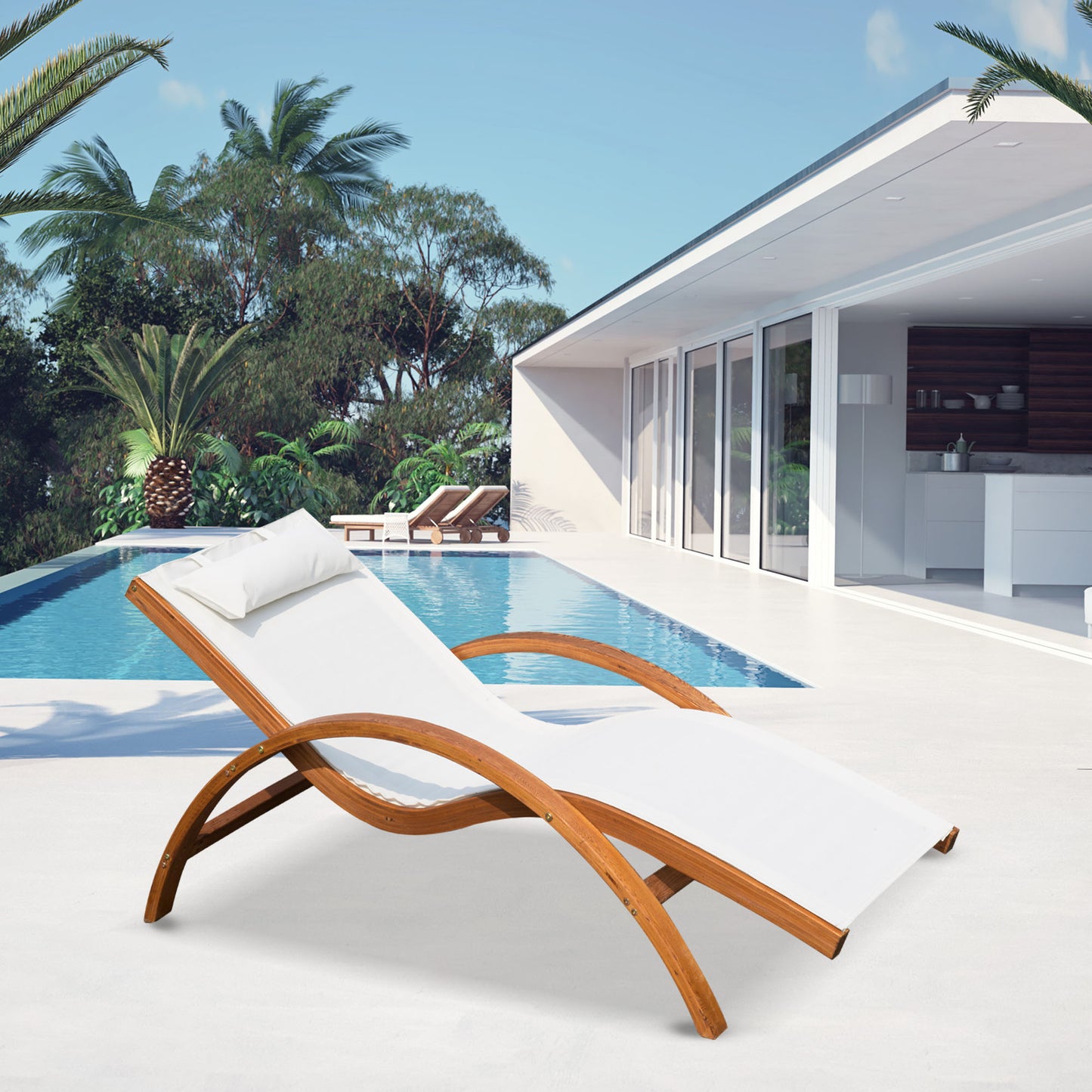 Outdoor Wood Sling Chaise Lounge Reclining Garden Mesh Lounger Patio Chair with Headrest Cream