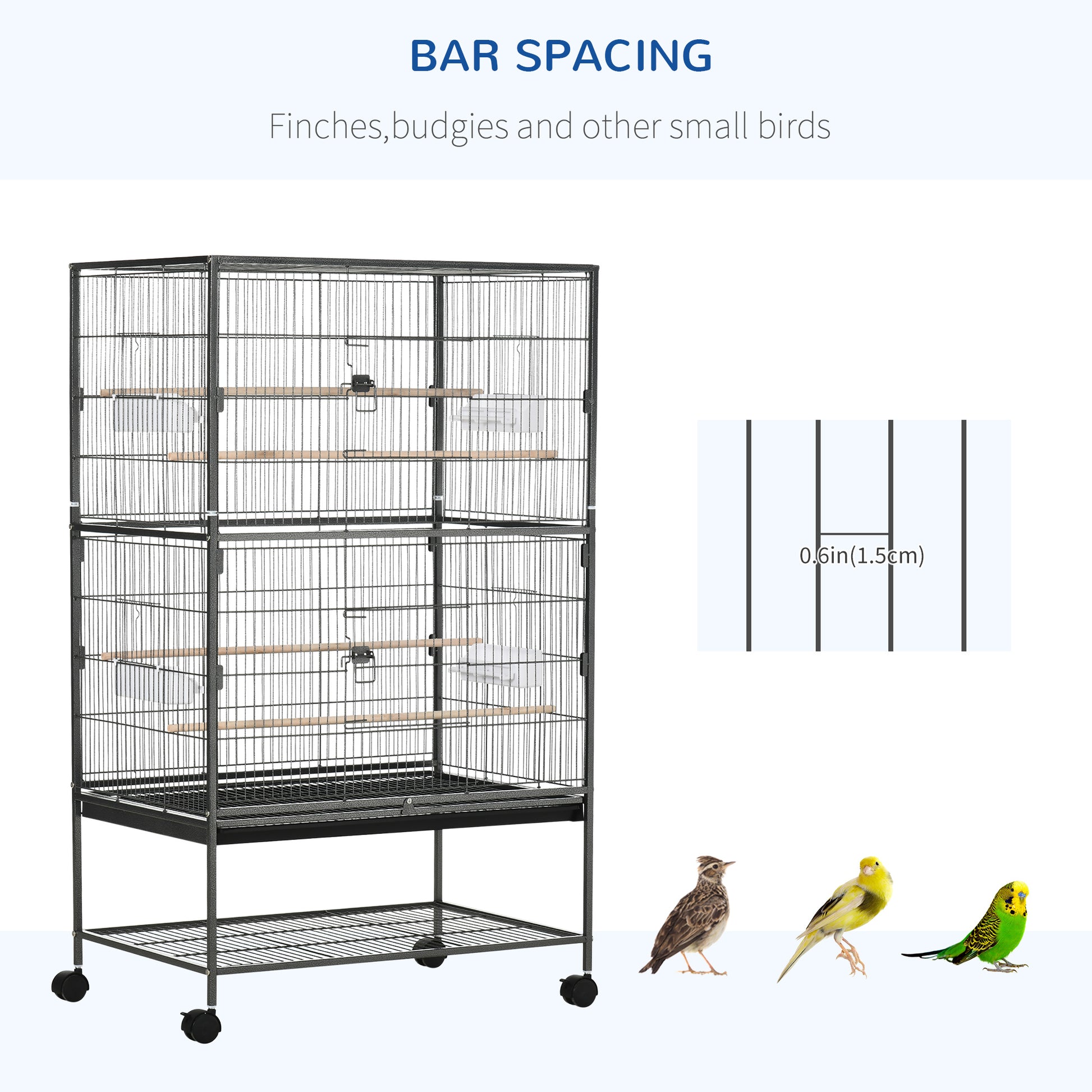 52'' Large Rolling Steel Bird Cage Bird House with Rolling Stand, Storage Shelf, Wood Perch, Food Container, Dark Grey