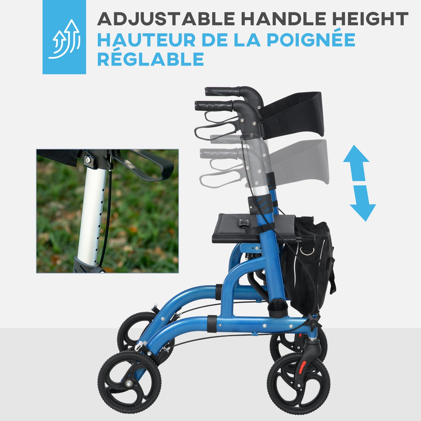 Rollator Walker for Seniors and Adults with 8'' Wheels, Padded Seat and Backrest, Storage Bag Blue