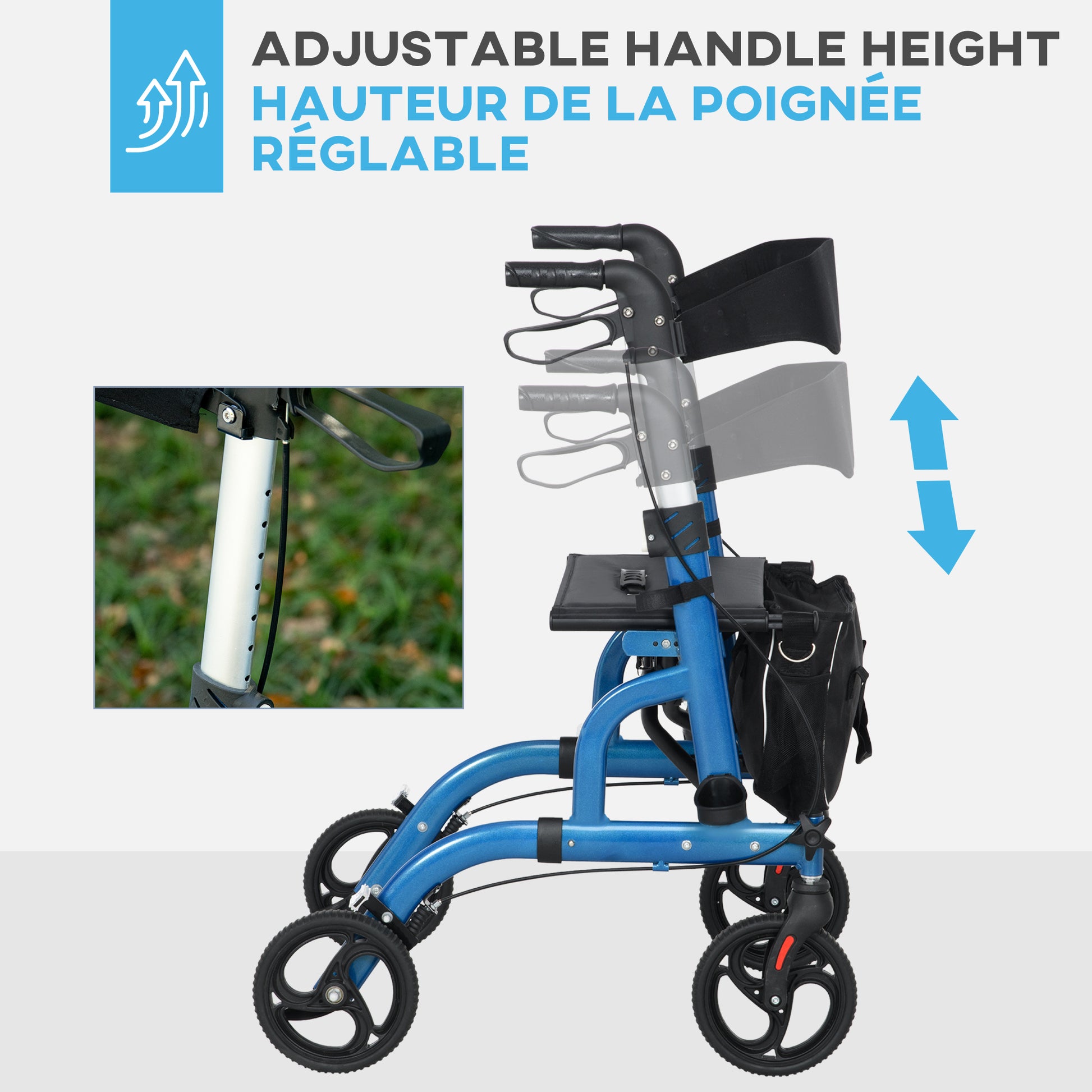 Rollator Walker for Seniors and Adults with 8'' Wheels, Padded Seat and Backrest, Storage Bag Blue
