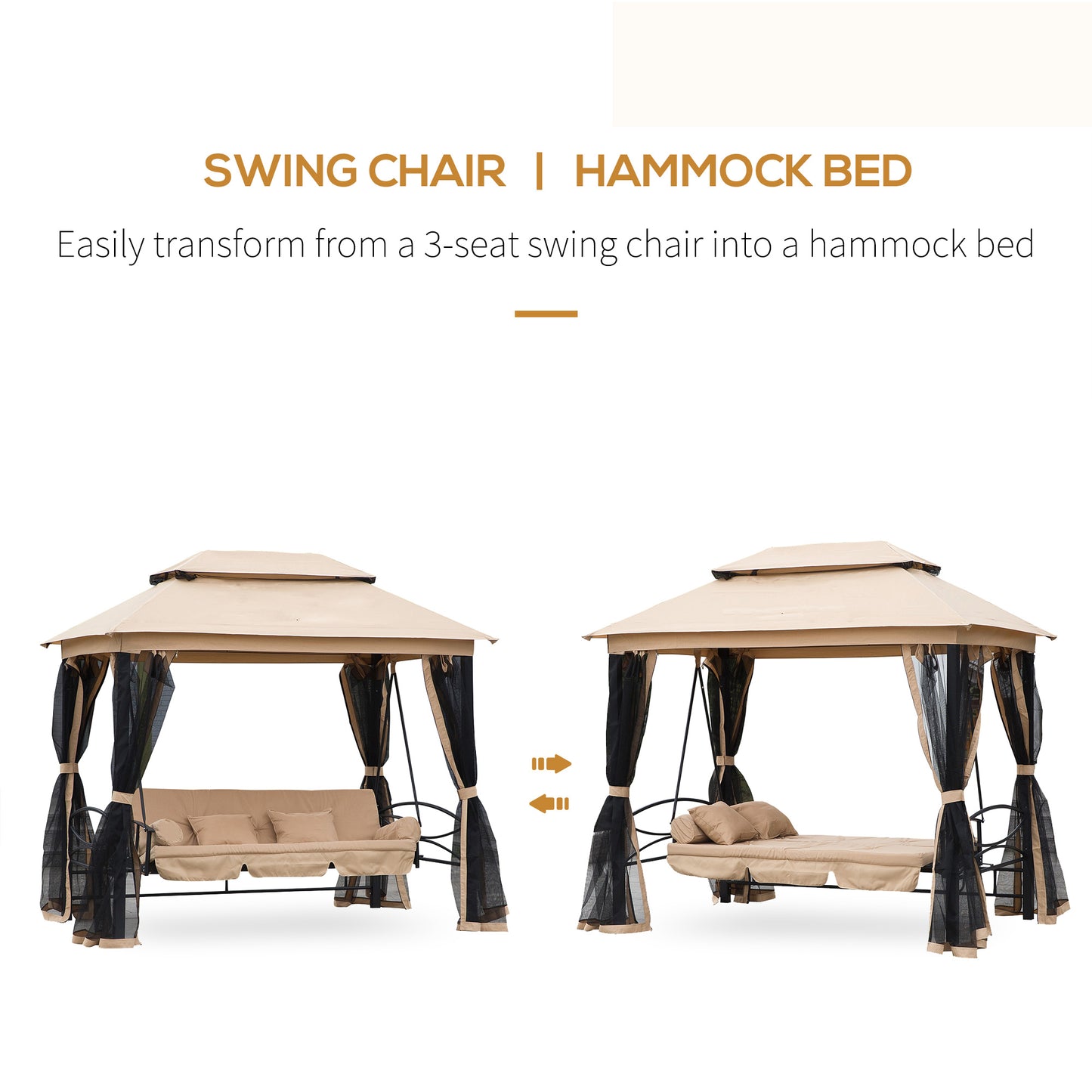 3 Person Outdoor Patio Daybed 3 in 1 Canopy Gazebo Swing Chair Garden Hammock with Mesh Mosquito Net and Sun Shade, Beige