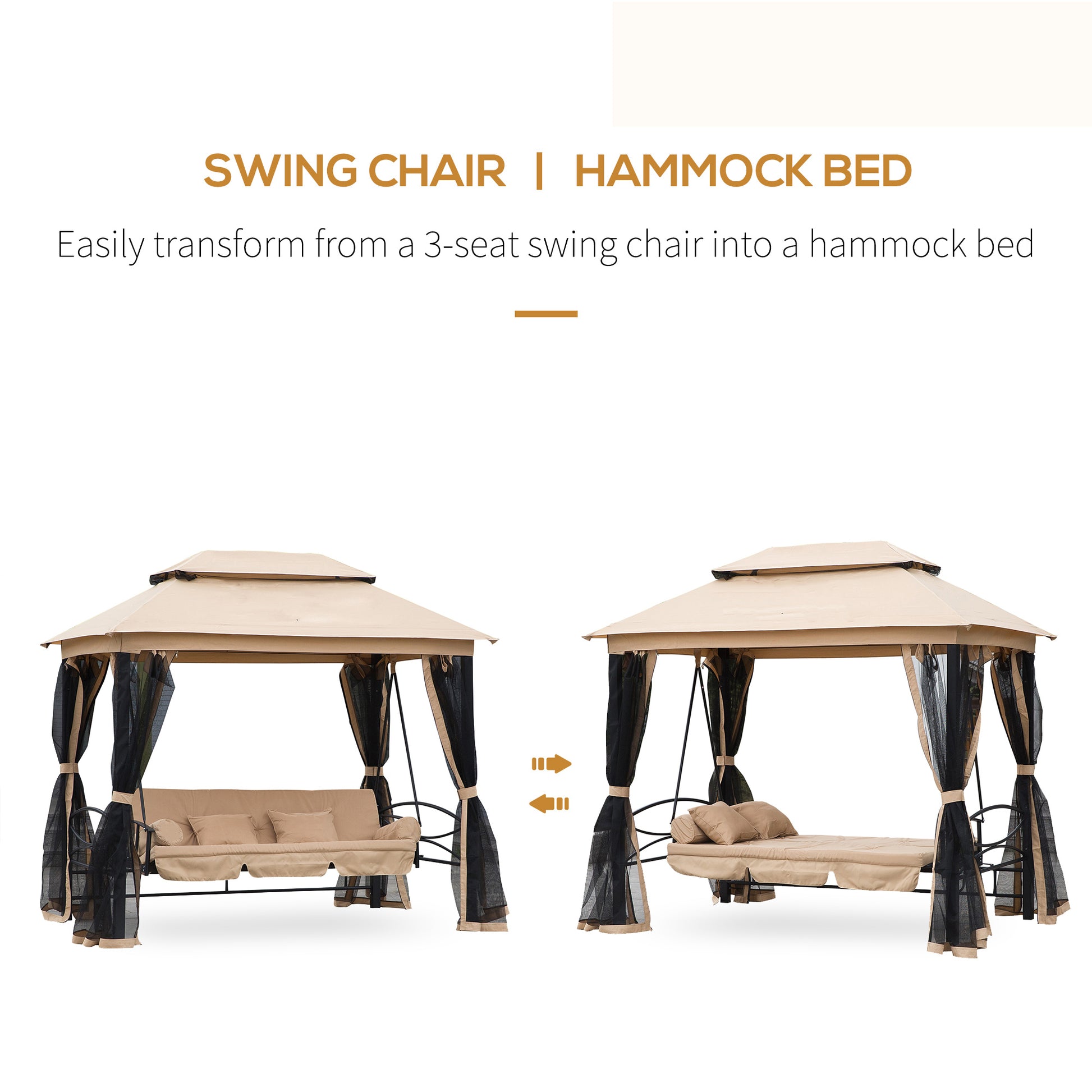 3 Person Outdoor Patio Daybed 3 in 1 Canopy Gazebo Swing Chair Garden Hammock with Mesh Mosquito Net and Sun Shade, Beige
