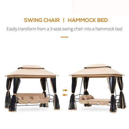 3 Person Outdoor Patio Daybed 3 in 1 Canopy Gazebo Swing Chair Garden Hammock with Mesh Mosquito Net and Sun Shade, Beige