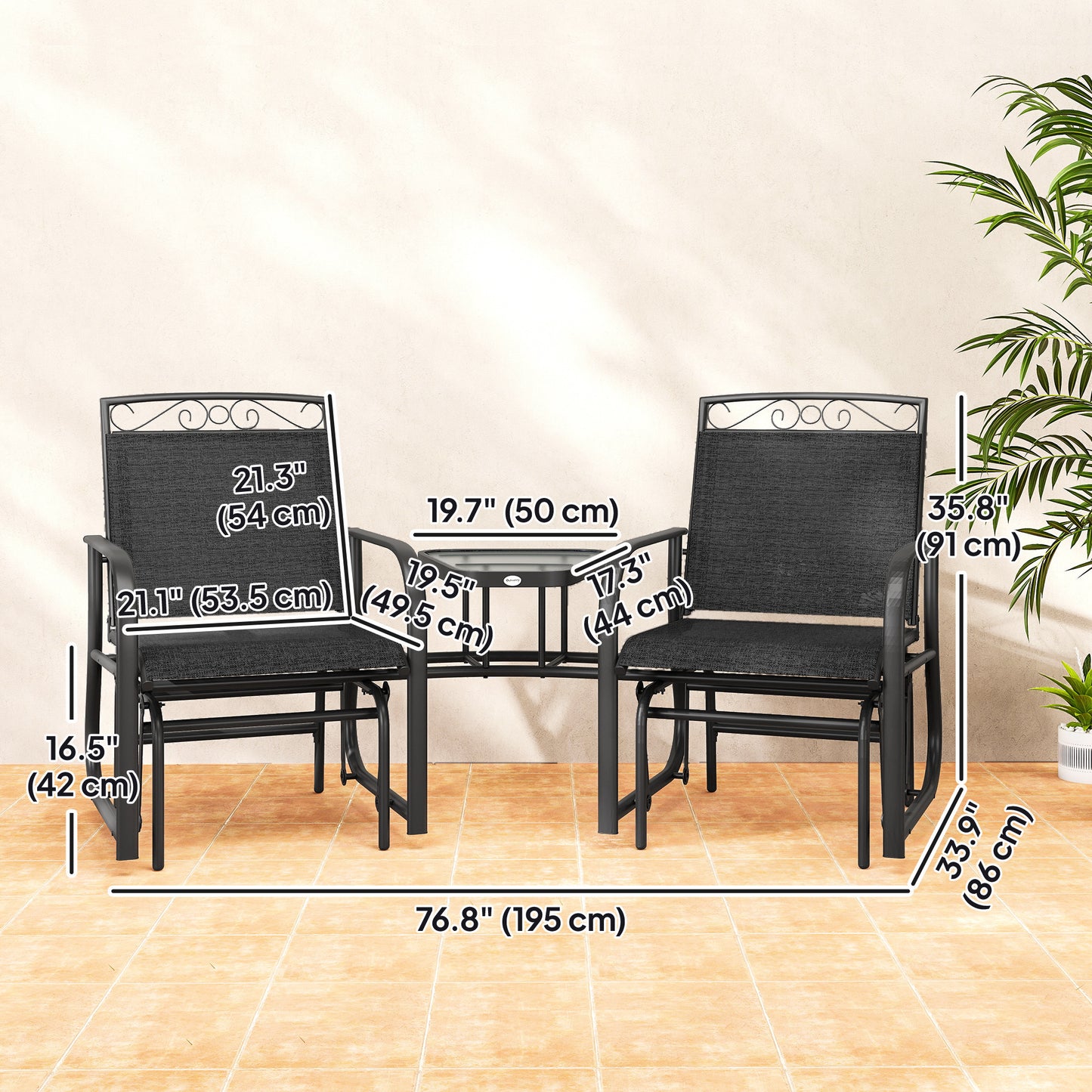 Outdoor Glider Bench with Coffee Table, Patio 2-Seat Rocking Chair Swing Loveseat with Breathable Sling for Backyard Garden Porch, Black