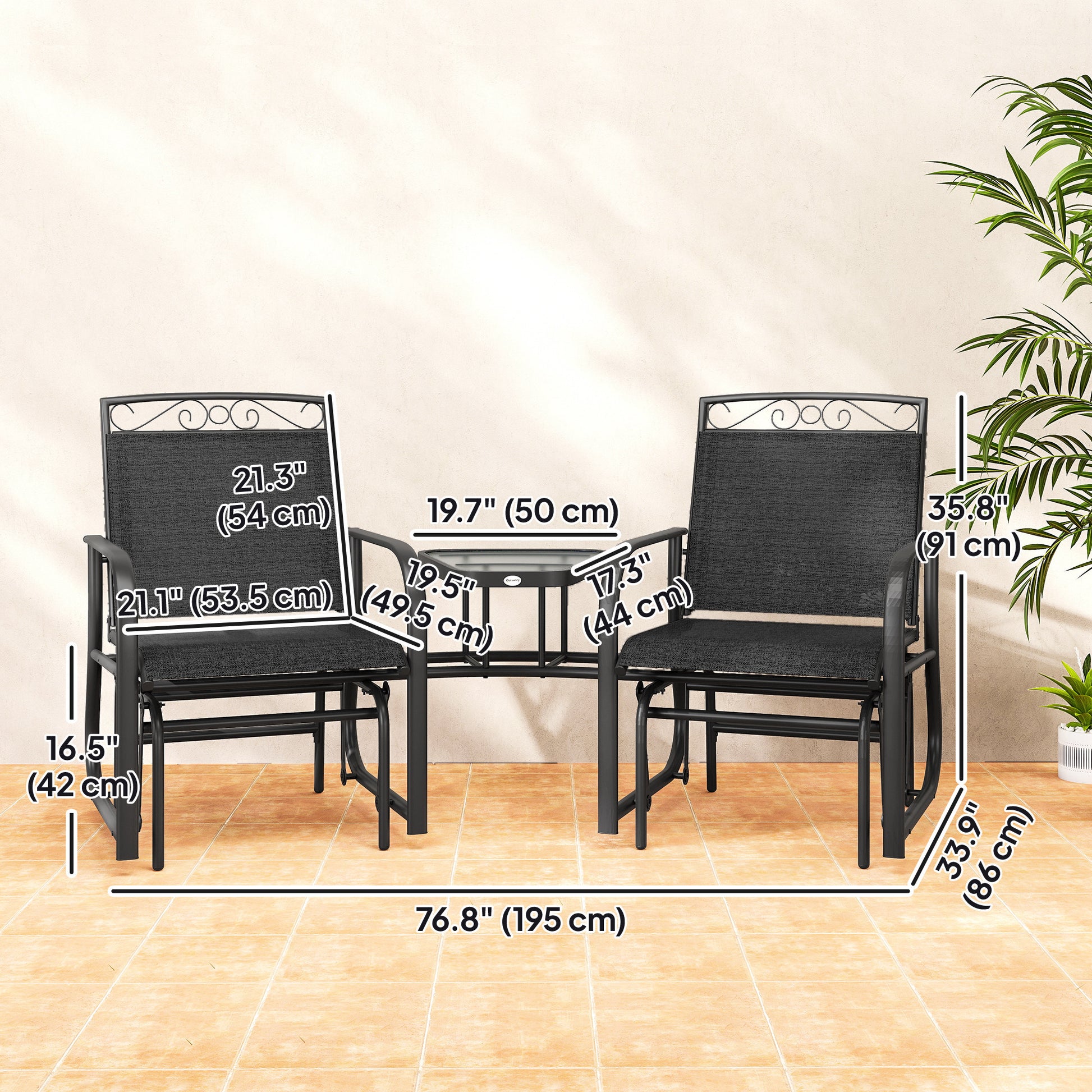 Outdoor Glider Bench with Coffee Table, Patio 2-Seat Rocking Chair Swing Loveseat with Breathable Sling for Backyard Garden Porch, Black