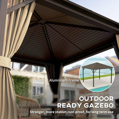 10' x 10' Hardtop Gazebo Outdoor Aluminum Gazebo Canopy with Mosquito Netting, Curtains, Hanging Hook, Brown