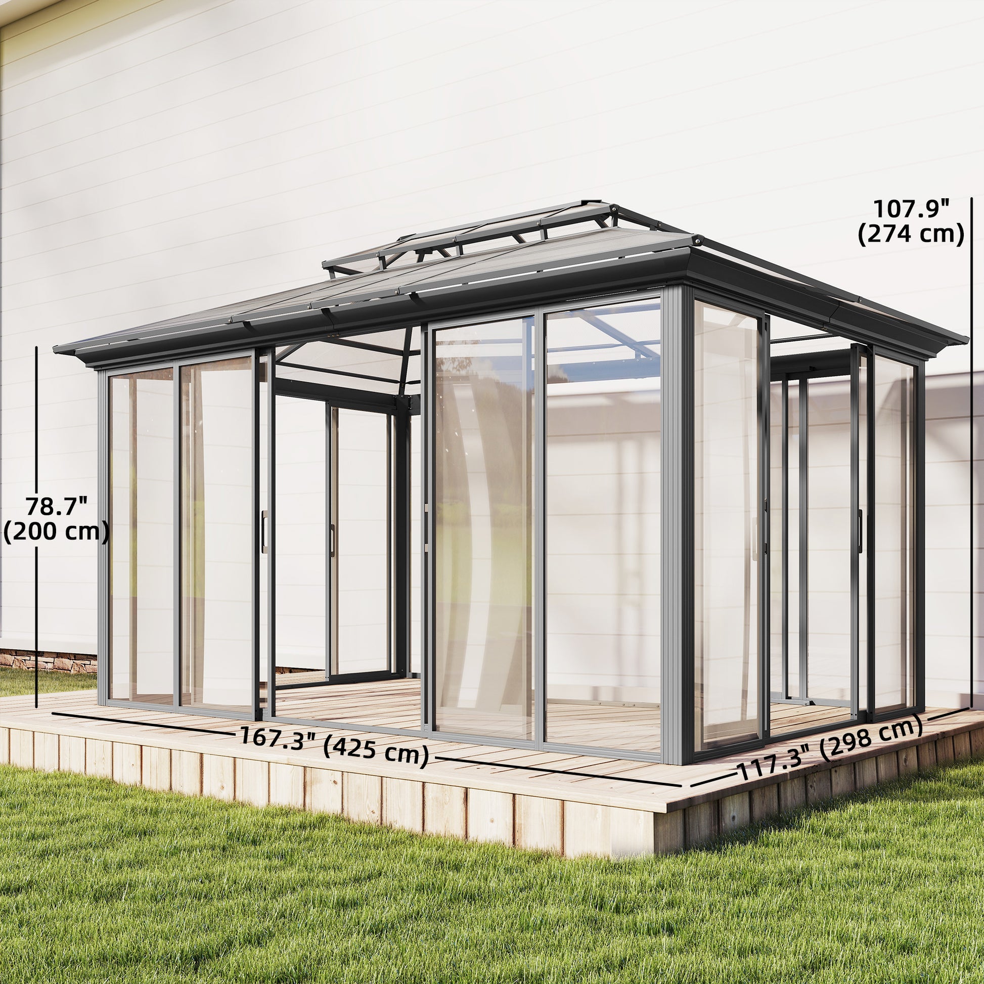 10' x 14' Sun Room with Double Roof Sliding Doors Hardtop Gazebo Solarium with Rain Gutter Dark Grey