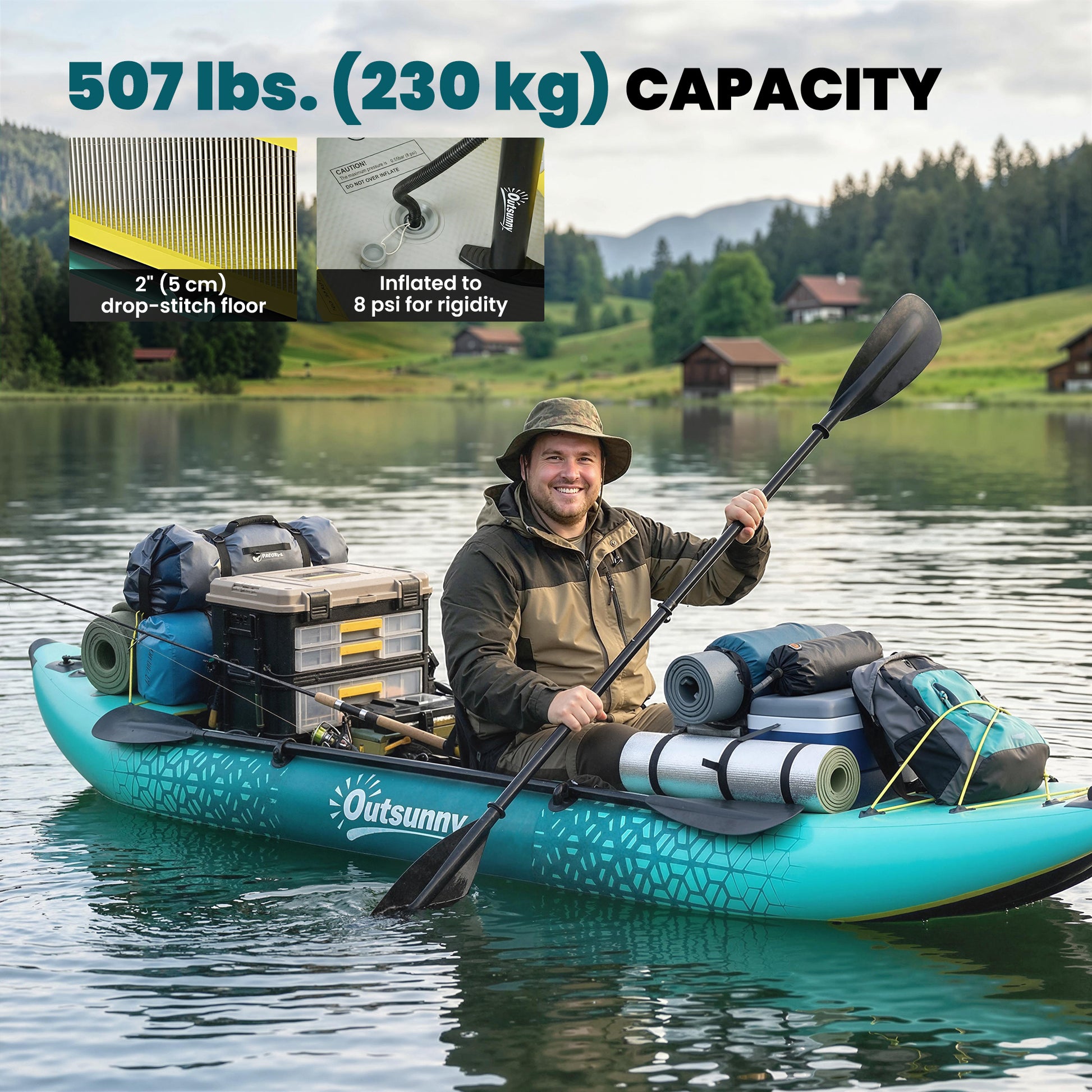 12'6"x37" Inflatable Paddle Board, 506lbs Wide Blow Up Kayak with 2 Aluminum Paddles, Seats and Fins, Yellow and Grey