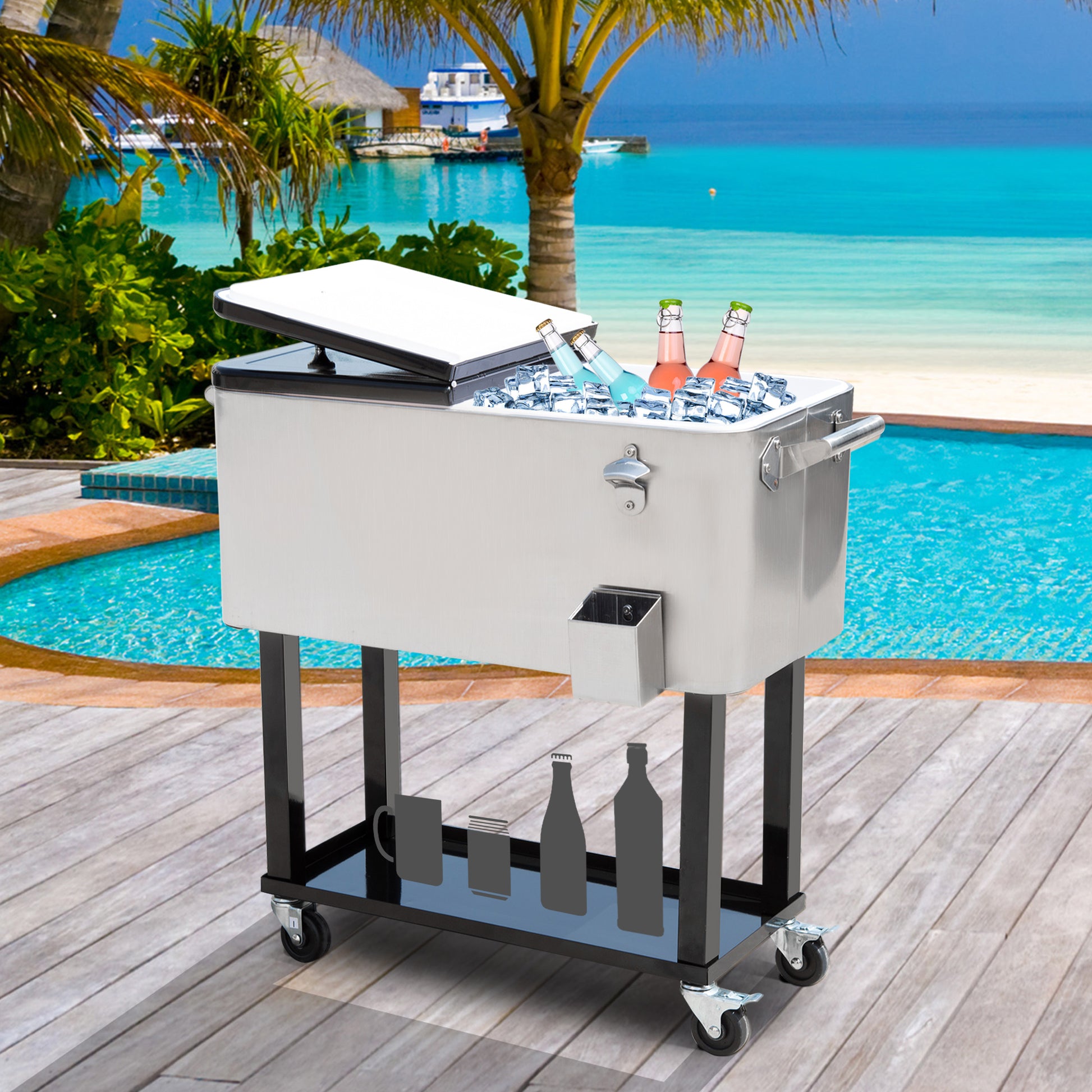 80 Quart Rolling Cooler Cart Ice Beer Beverage Cooling Bin for Outdoor Party, 35.4" x 15.4" x 32.7", Silver