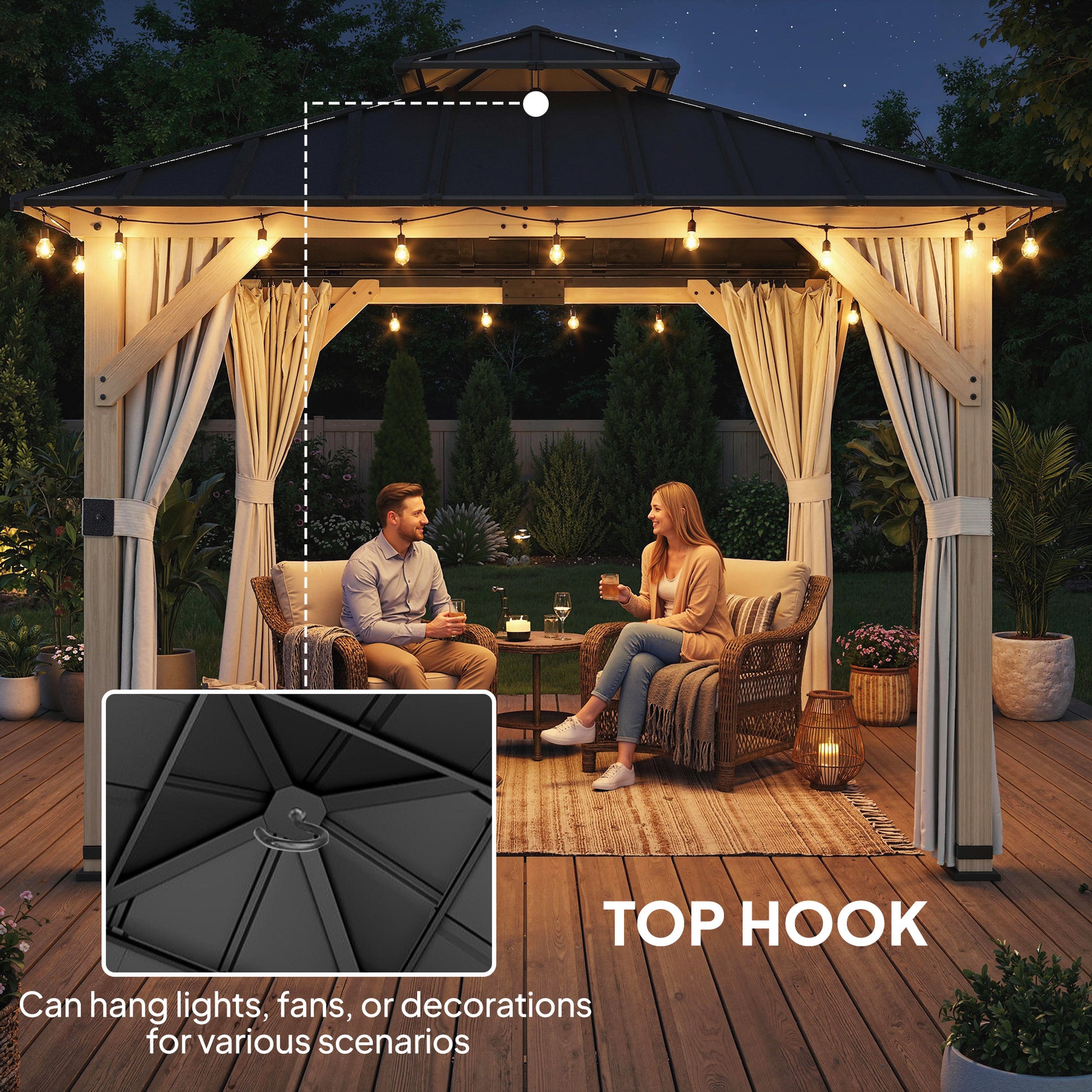10' x 10' Outdoor Hardtop Gazebo with Double Steel Roof, Wood Patio Gazebo with Curtains, Hook, Light Grey