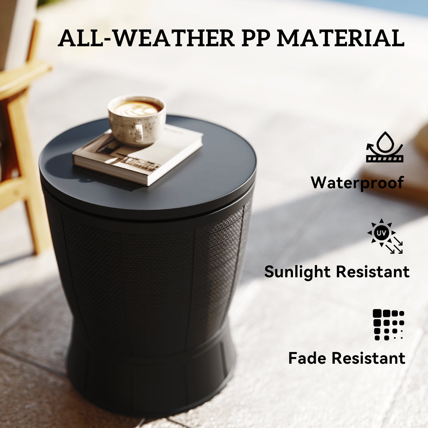 11 Gallon Patio Cooler Side Table, Outdoor Cooler Bar Table with Height Adjustable Top, Drainage Plug, Black