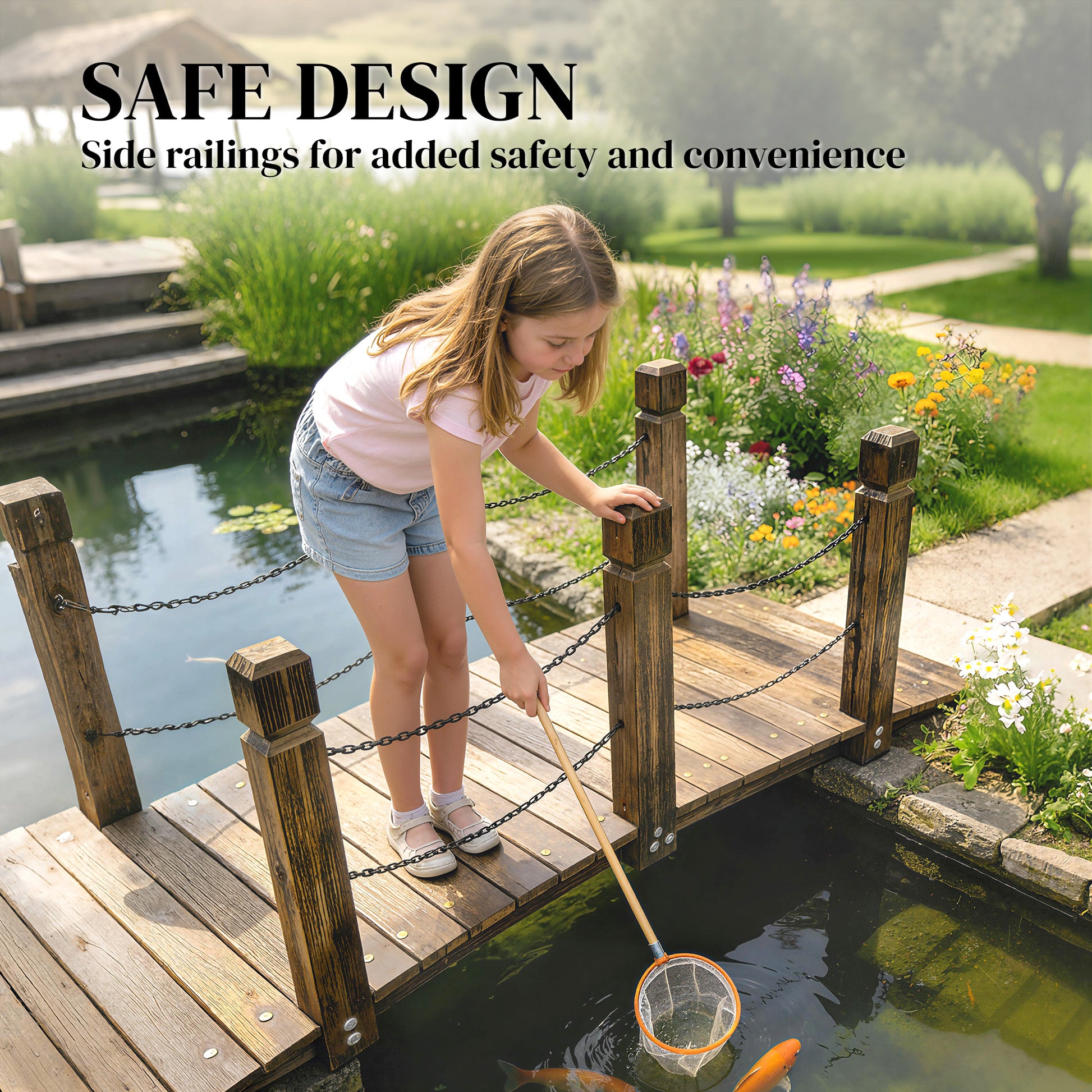 Garden Bridge Carbonized Wood Decorative Footbridge with Chain Handrails for Backyard Walkway 5ft Carbonized