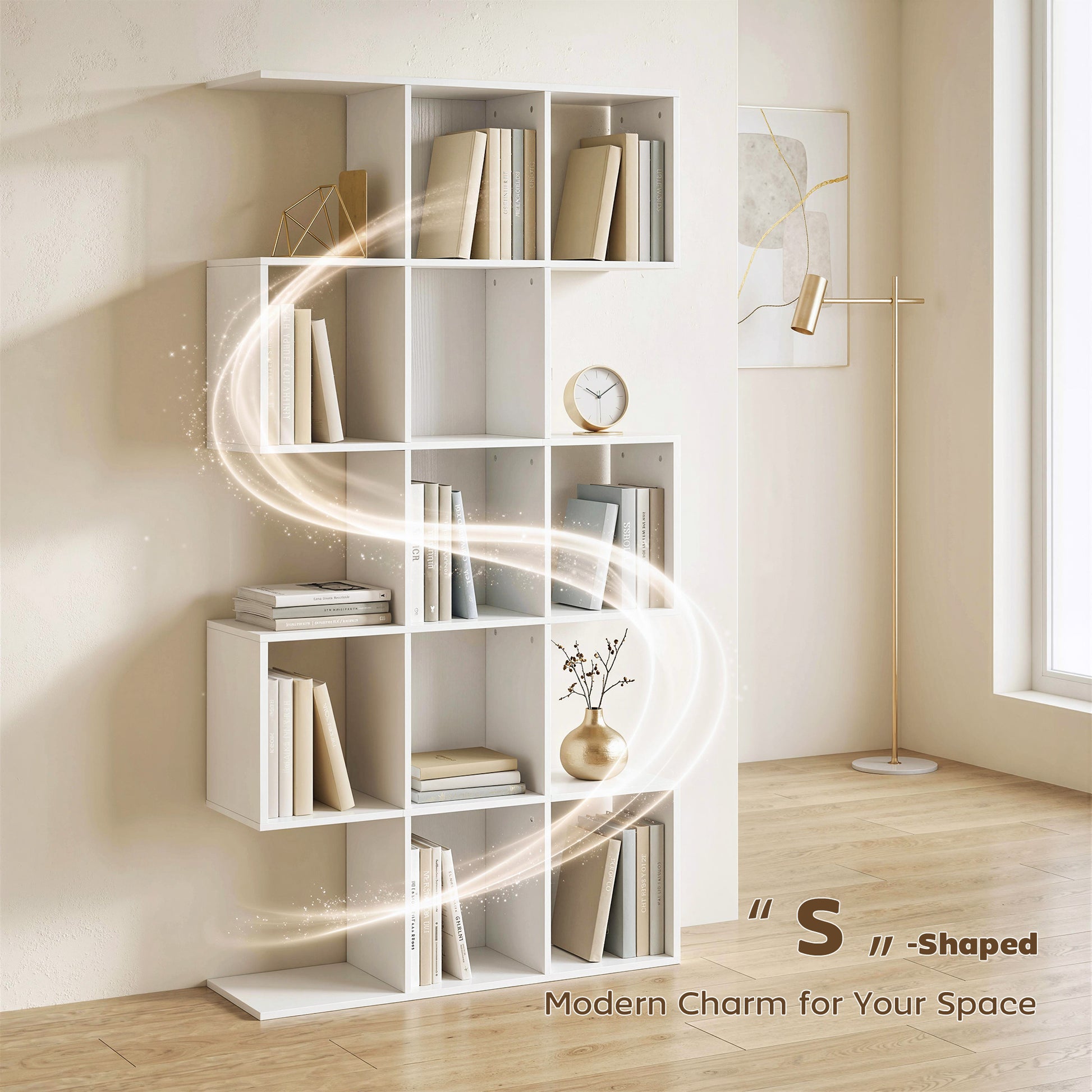 5-Tier Bookshelf, S Shaped Geometric Bookcase with 15 Compartments, White Wood Grain