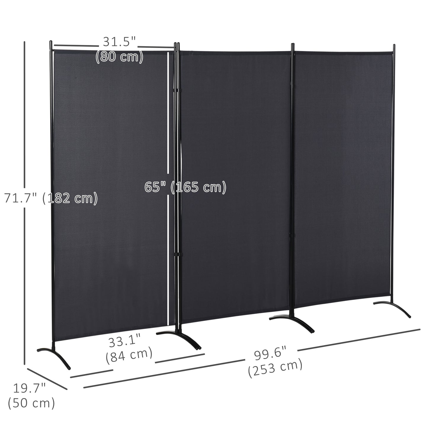 6' 3 Panel Room Divider, Double Hinged Folding Wall Divider, Indoor Privacy Screen for Home Office, Charcoal Grey