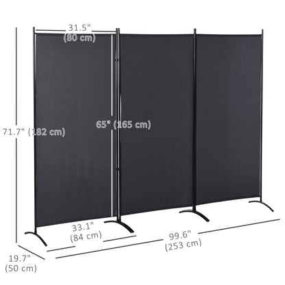 6' 3 Panel Room Divider, Double Hinged Folding Wall Divider, Indoor Privacy Screen for Home Office, Charcoal Grey