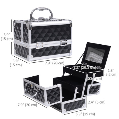 3 Tier Diamond Texture Makeup Train Case Cosmetic Organizer with Mirror, Black