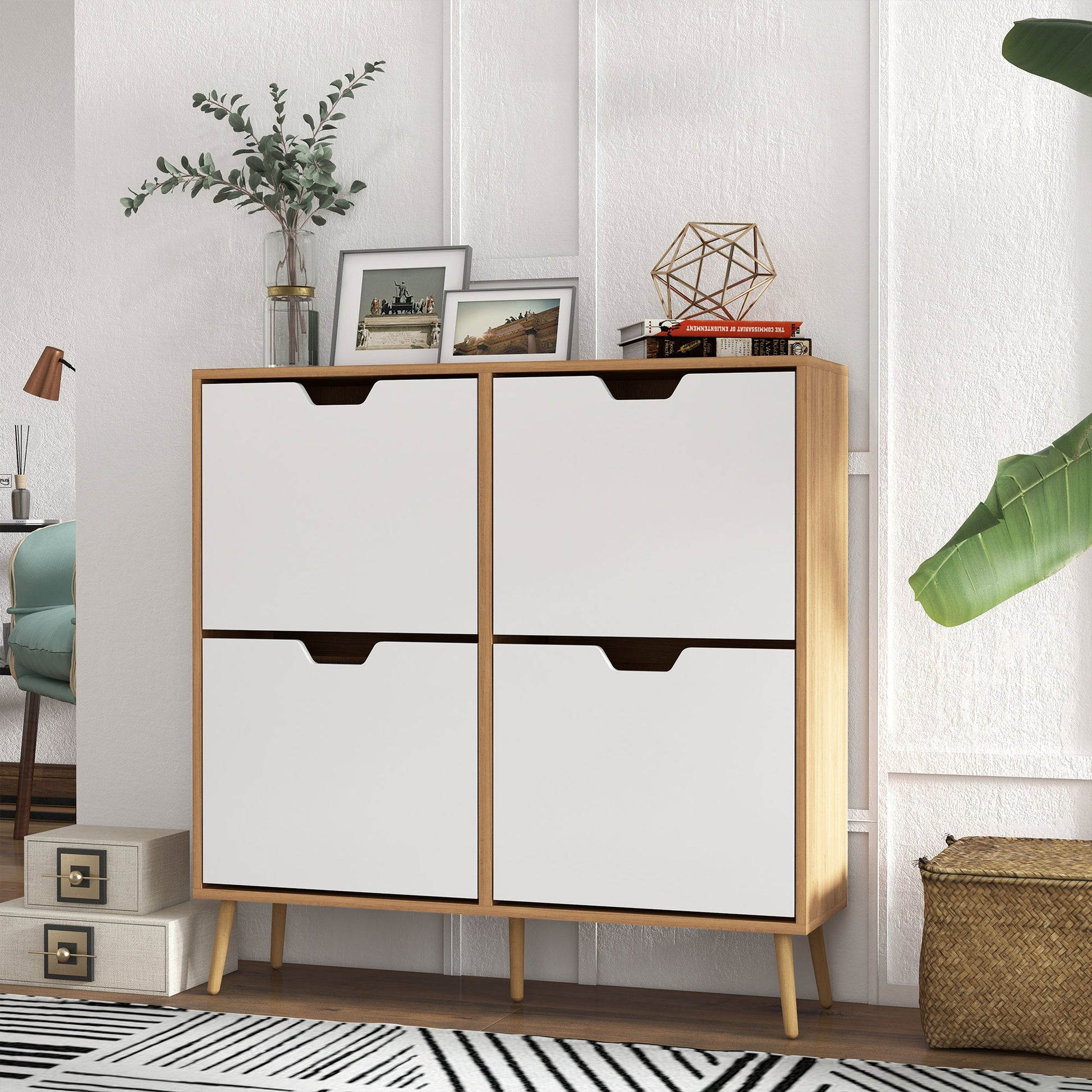Shoe Storage Cabinet with 4 Flip Drawers and Adjustable Shelf, Shoe Cabinet for 8-16 Pairs of Shoes, Natural