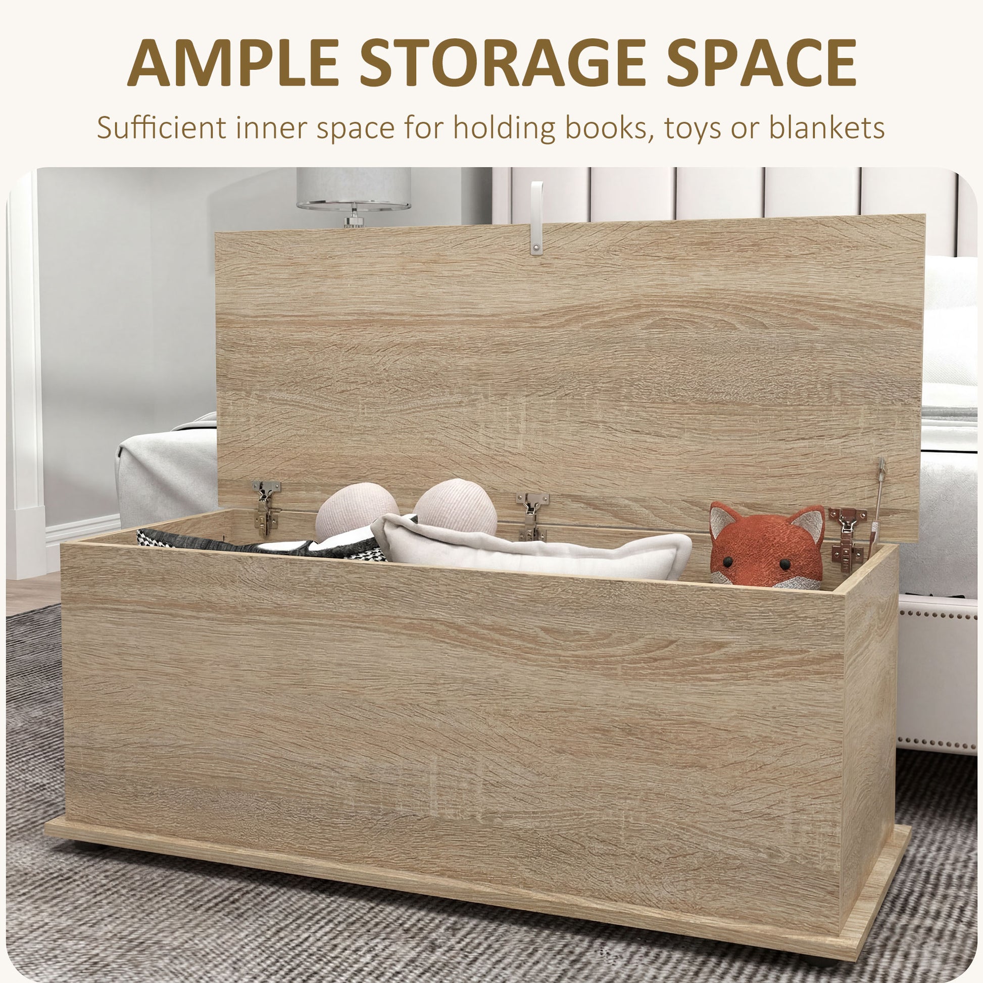 39.5" Storage Chest with 2 Safety Hinges, Storage Box Organizer with Flip-Top Lid, Entryway Storage Bench, Oak