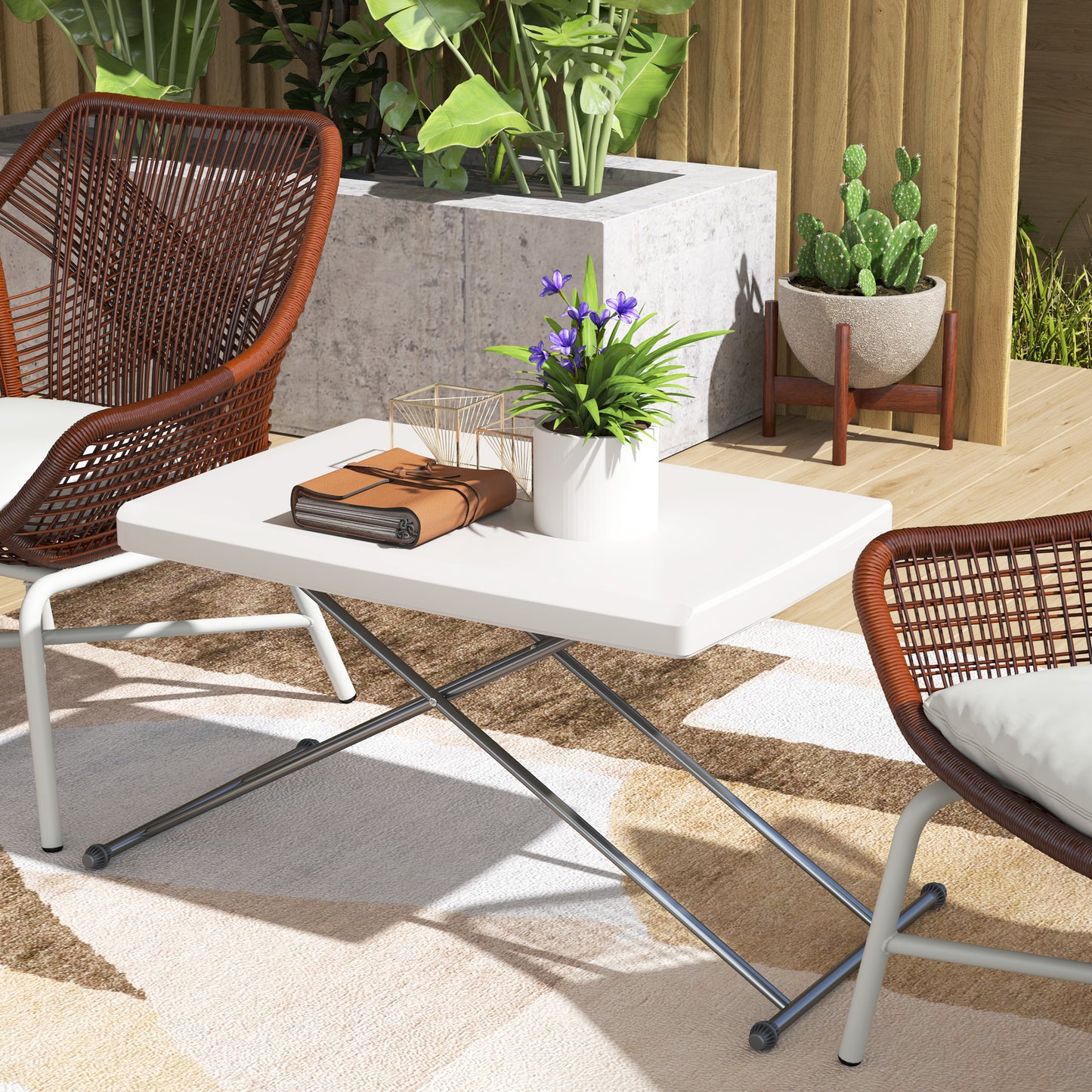Folding Outdoor Patio Table, 3-Level Adjustable Camping Table Picnic Table with HDPE Top, Steel Legs, White