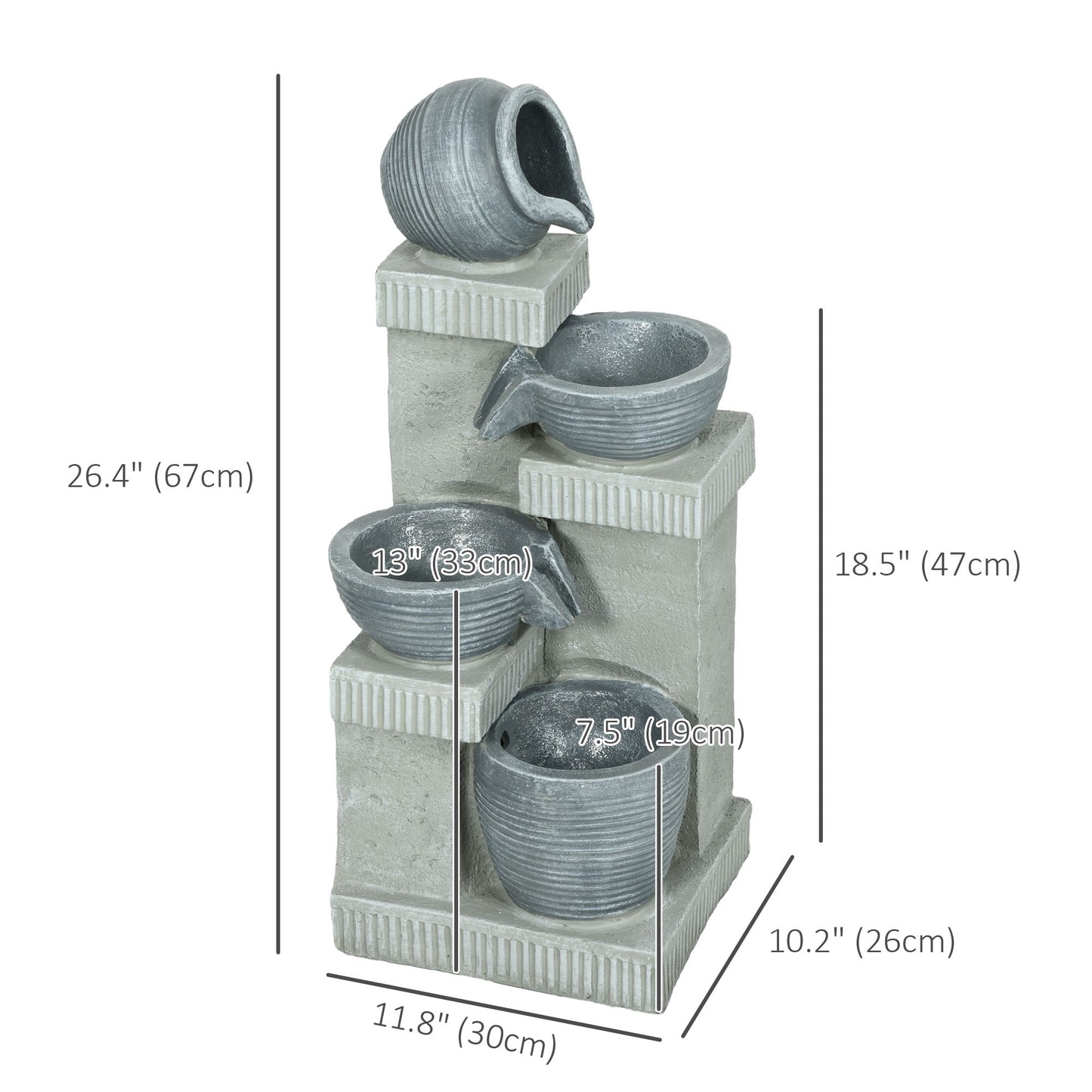 4-Tiered Outdoor Jar and Bowls Water Fountain with LED Lights, Adjustable Flow, 26.4-inch Resin Waterfall Fountain