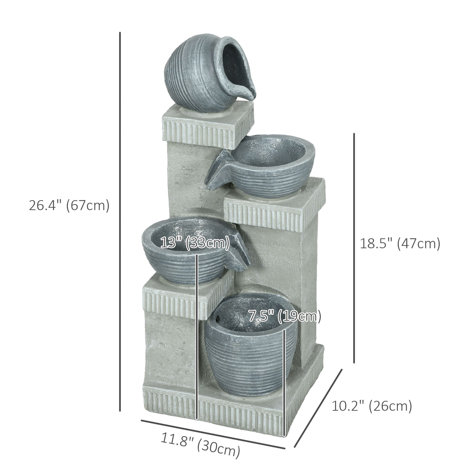 4-Tiered Outdoor Jar and Bowls Water Fountain with LED Lights, Adjustable Flow, 26.4-inch Resin Waterfall Fountain