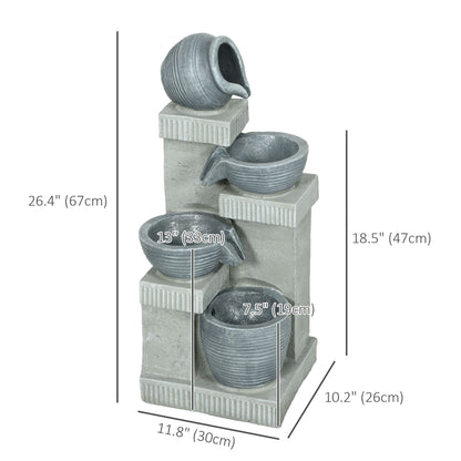4-Tiered Outdoor Jar and Bowls Water Fountain with LED Lights, Adjustable Flow, 26.4-inch Resin Waterfall Fountain