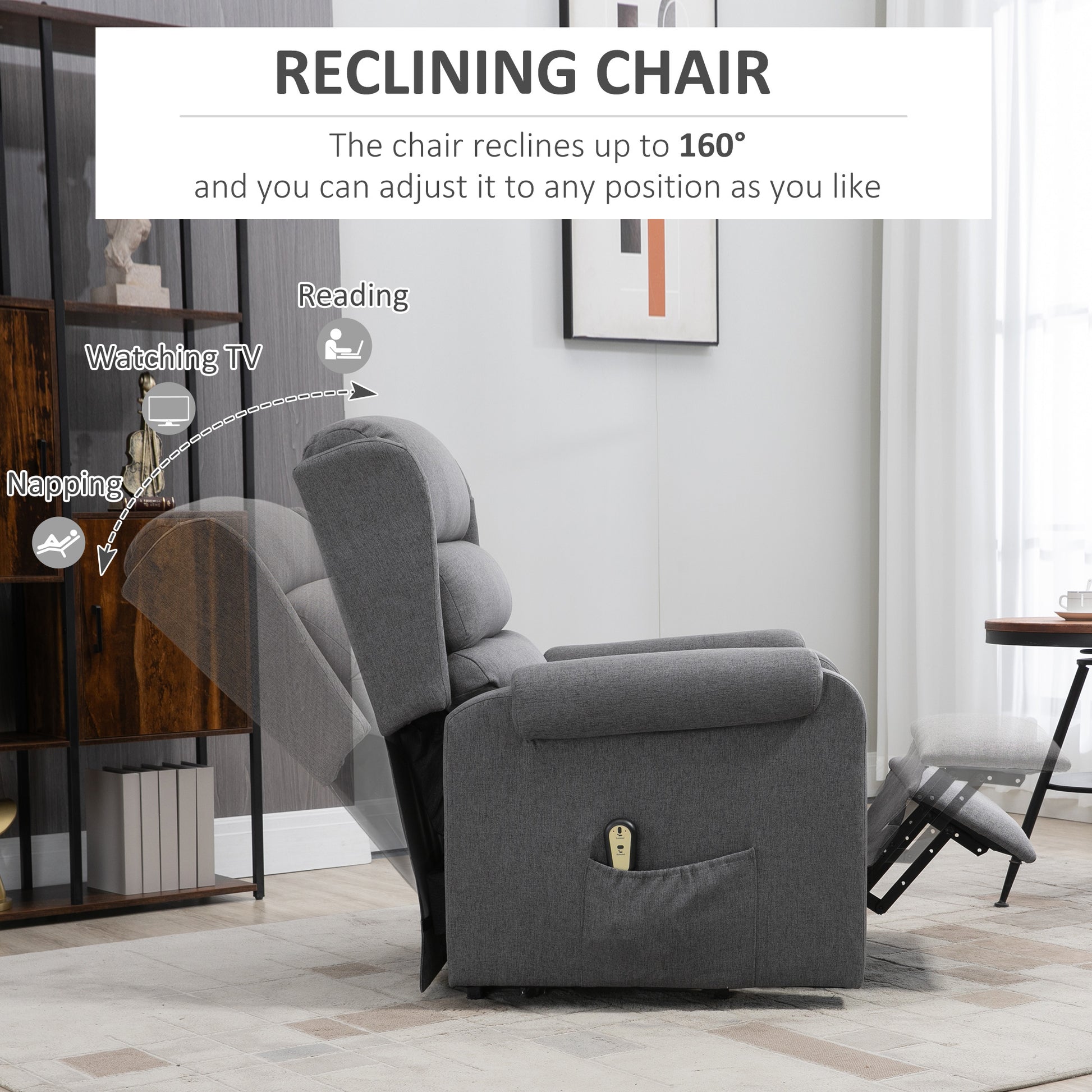 Lift Chair for Elderly, Power Chair Recliner with Footrest, Remote Control, Side Pockets for Living Room, Grey
