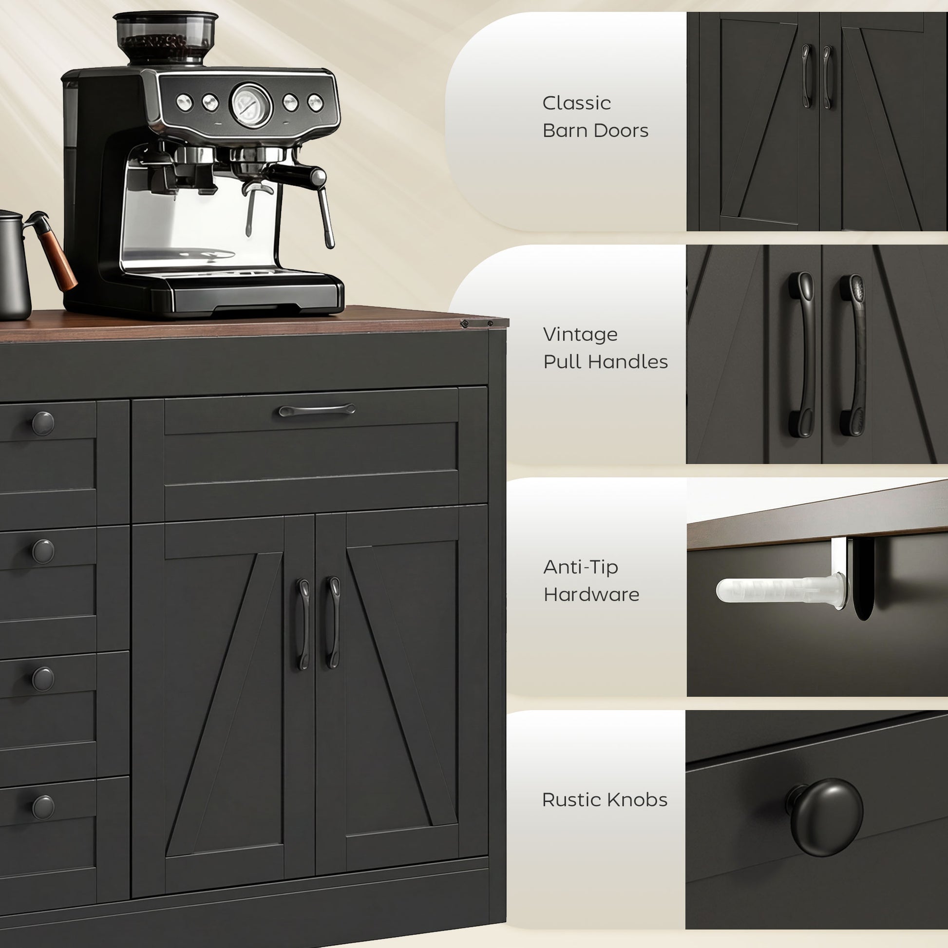 Sideboard Buffet Cabinet, 55" Farmhouse Kitchen Cabinet with 4 Barn Doors, 6 Drawers and 2 Adjustable Shelves, Black