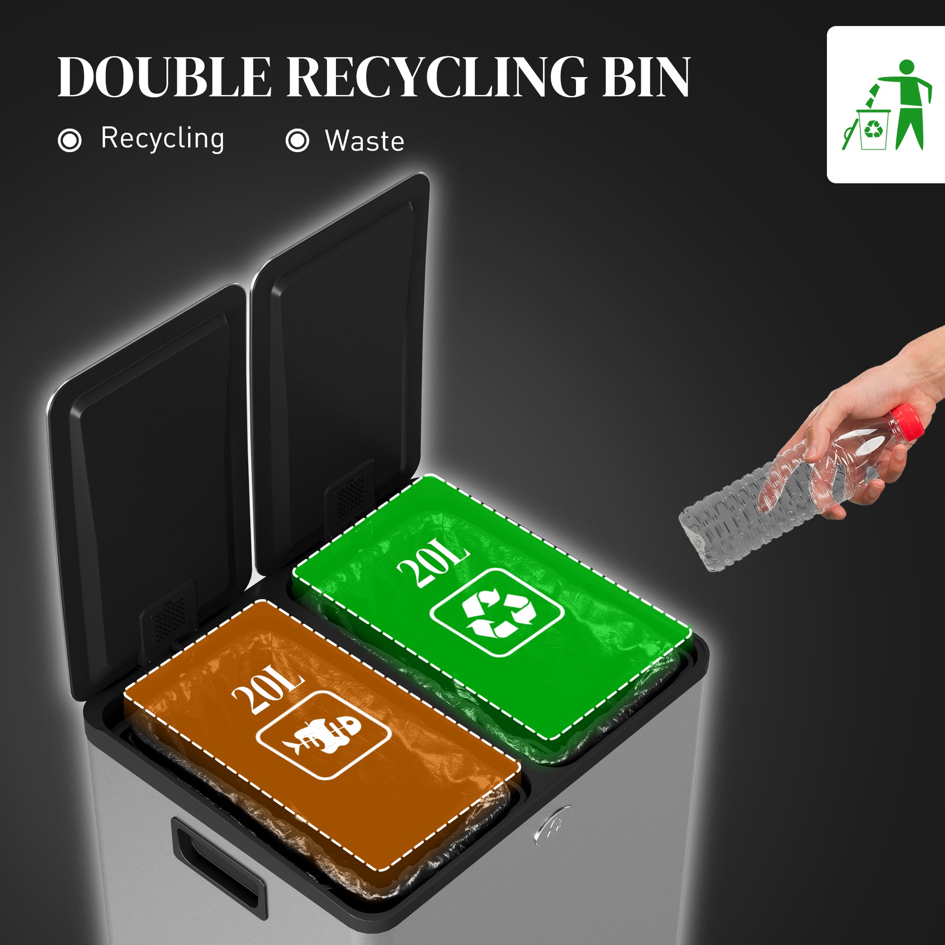 Dual Garbage Bin, Soft-Close Trash Can with Foot Pedal, 2 x 20 Liter Garbage Can with Removable Inner Buckets, Silver