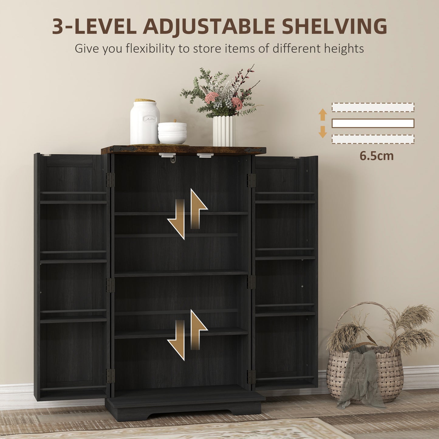Farmhouse Kitchen Pantry Storage Cabinet, Kitchen Pantry Cabinet with Doors and Adjustable Shelves, Black