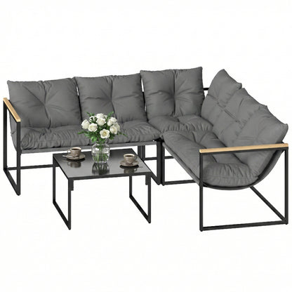 4 Piece Patio Furniture Set with Thick Cushions and Coffee Table, Patio Conversation Set for Porch, Balcony, Deck, Grey