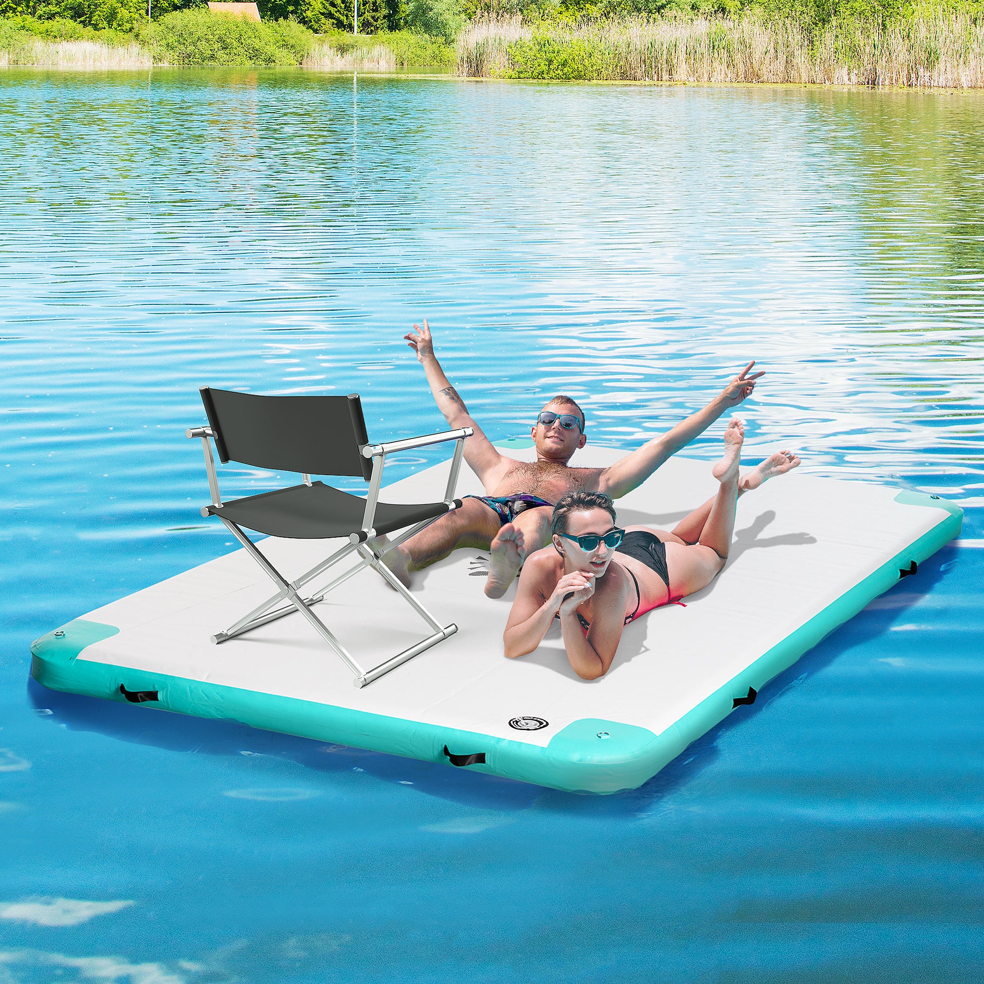 10' x 7' Water Floating Dock, Rafting Inflatable Island with Air Pump and Backpack for Pool, Beach, Ocean, Blue & Green