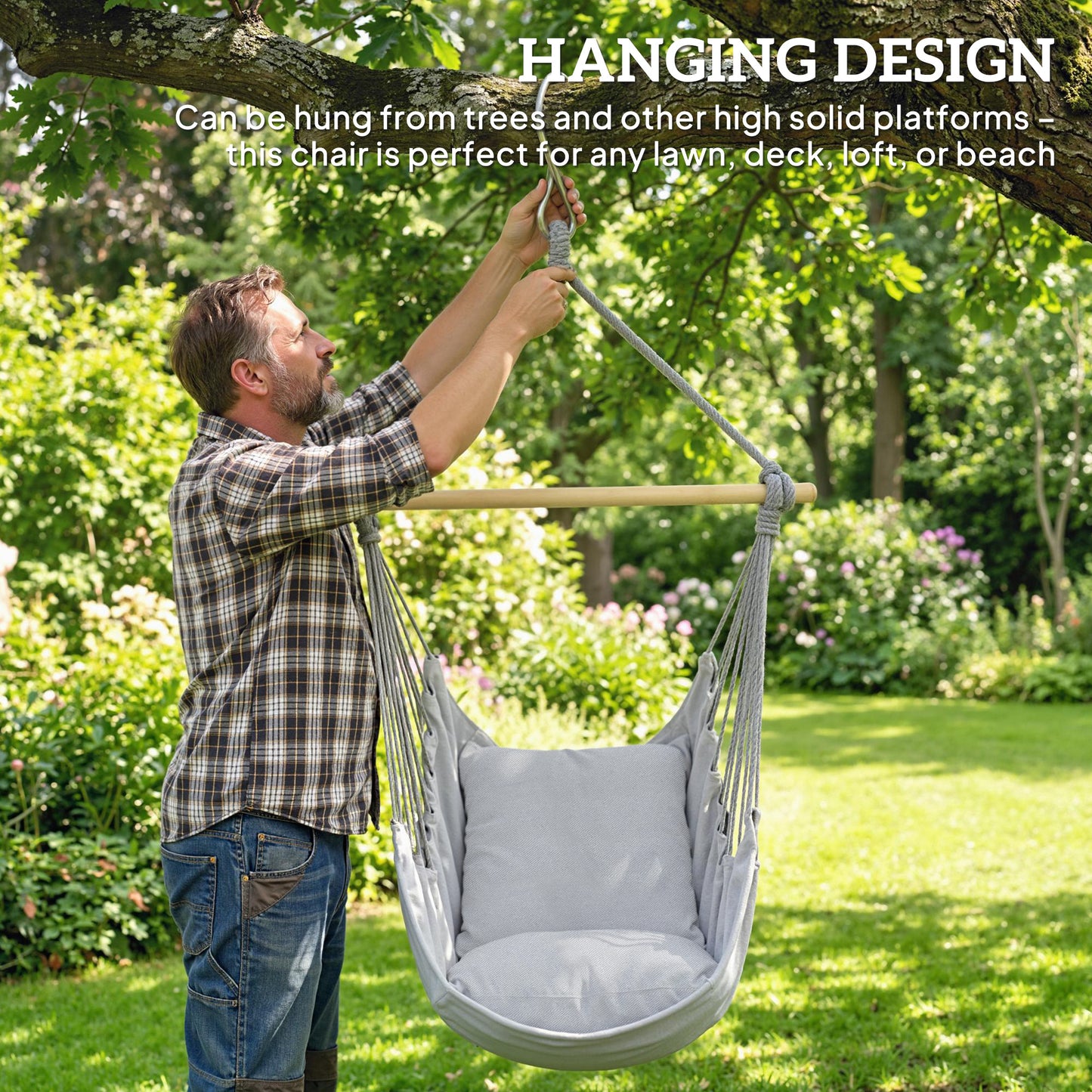Hammock Chair Swing Hanging Macrame Chair w/ Two Soft Seat Cushions, Grey