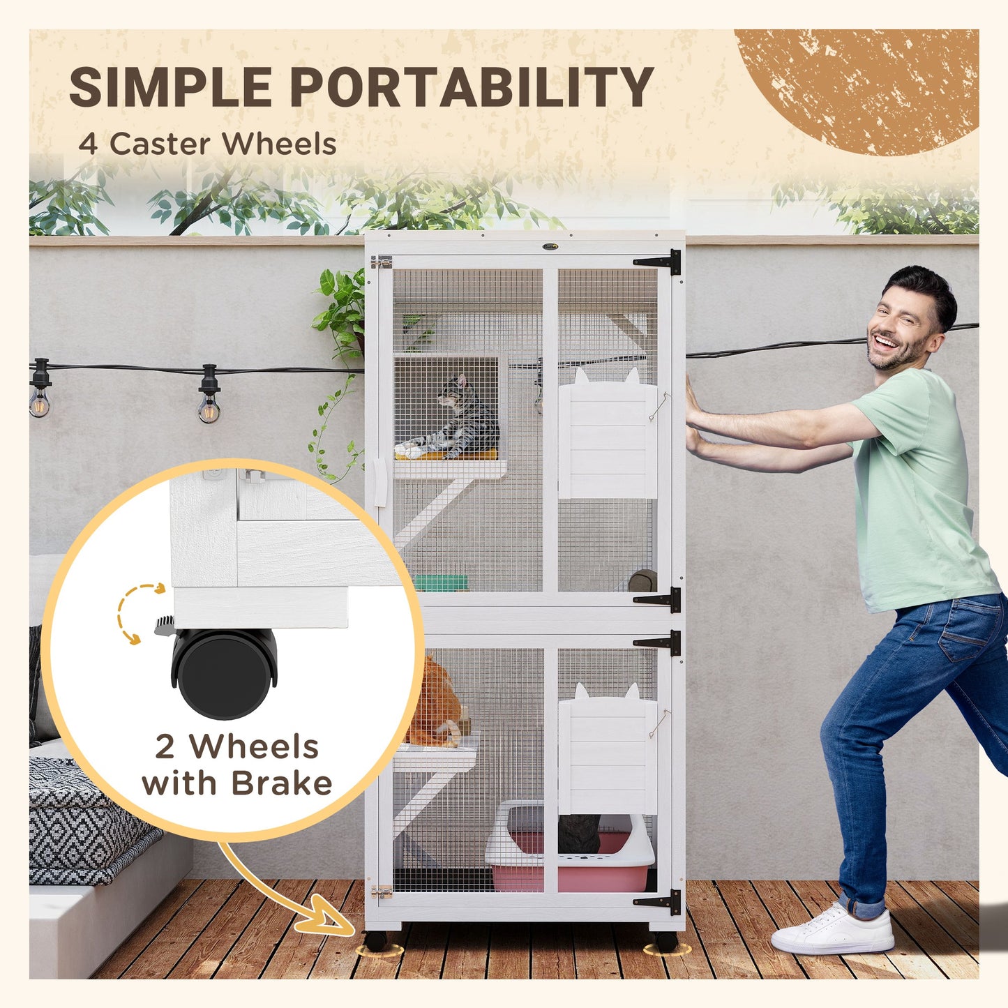 Catio Outdoor, Elevated Design, with Wheels, Resting Box, Water-Resistant, Multi Platforms, White
