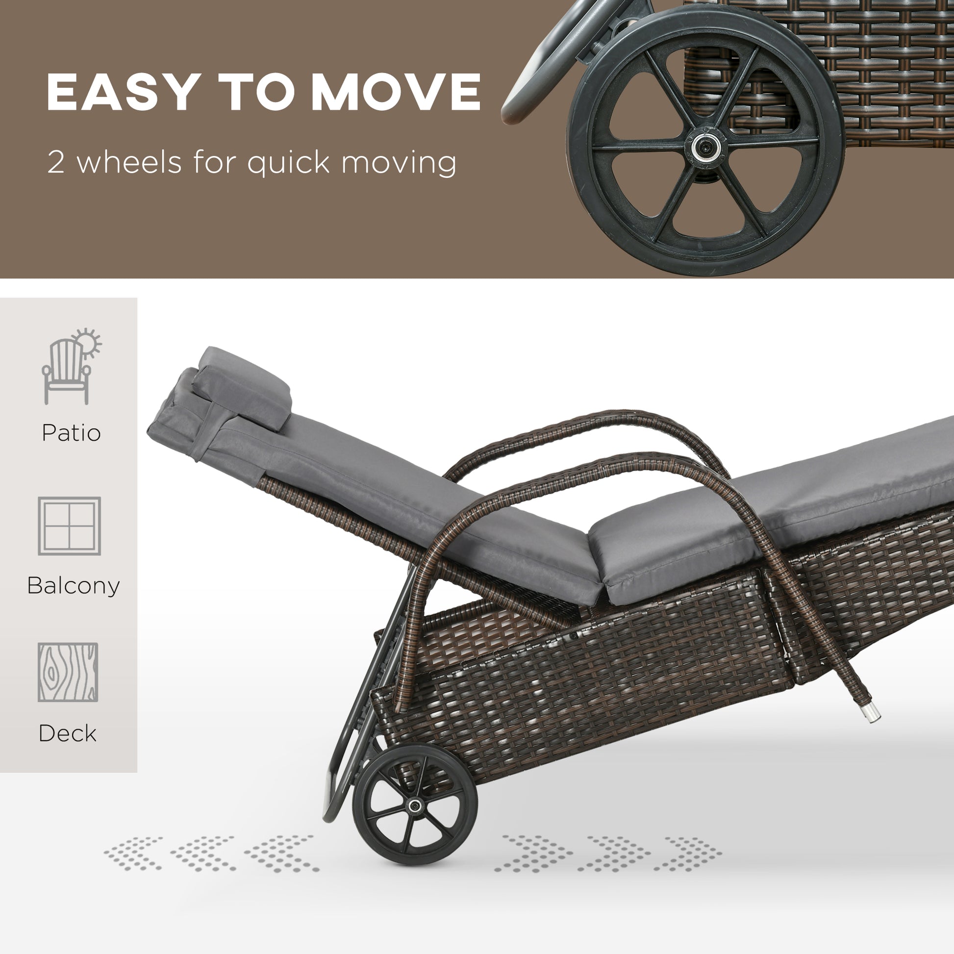 3 Pieces Wicker Patio Lounger Set with Table, PE Rattan Outdoor Lounge Chair Set with Cushions, Wheels, 5-Level Reclining Backrest, Headrest, Brown/Dark Grey