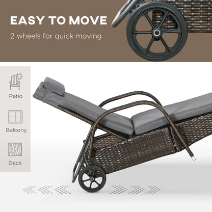 3 Pieces Wicker Patio Lounger Set with Table, PE Rattan Outdoor Lounge Chair Set with Cushions, Wheels, 5-Level Reclining Backrest, Headrest, Brown/Dark Grey