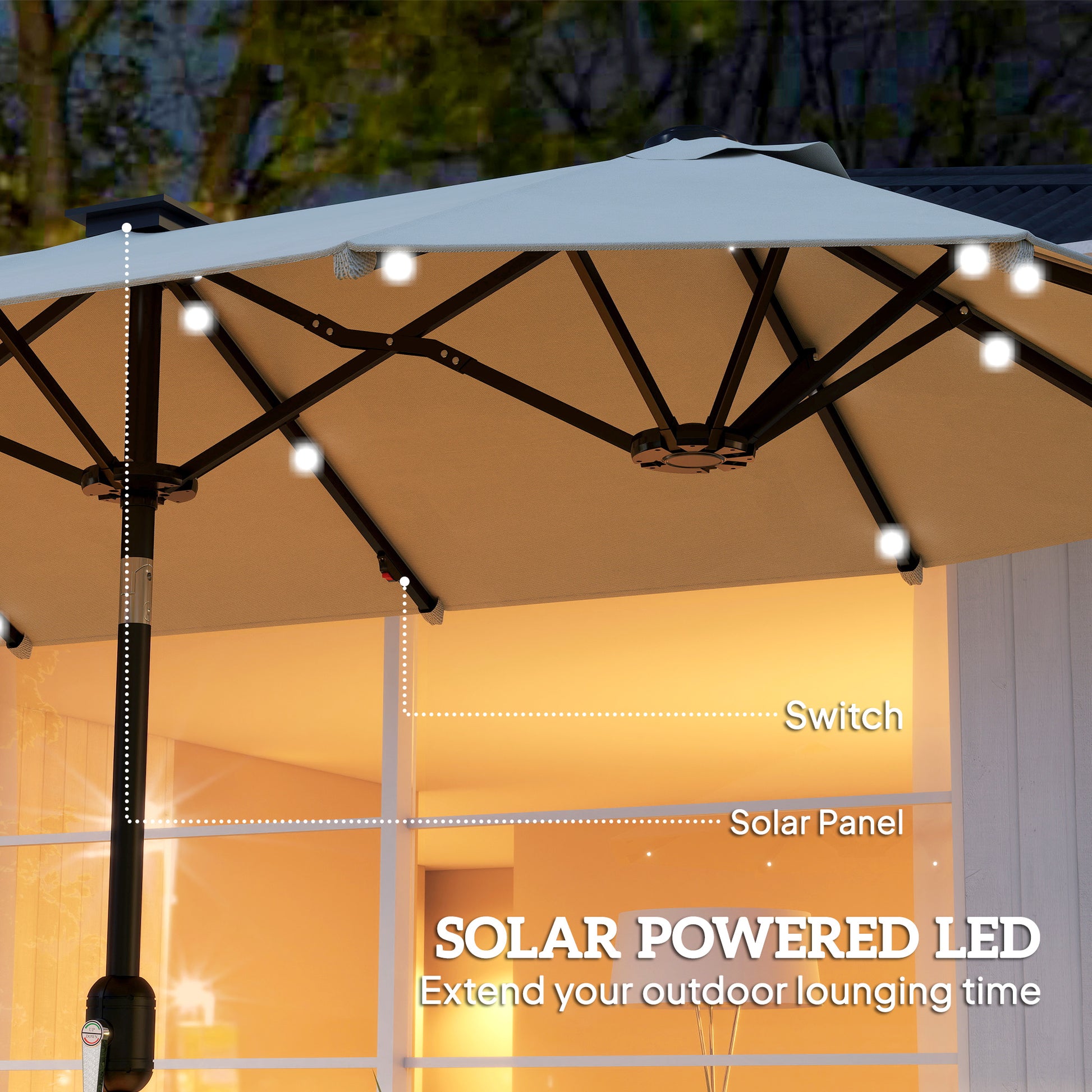 10ft Double-Sided Patio Umbrella with 35 LED Lights, 12 ribs, Extra Large Outdoor Parasol with Twin Canopy, Beige